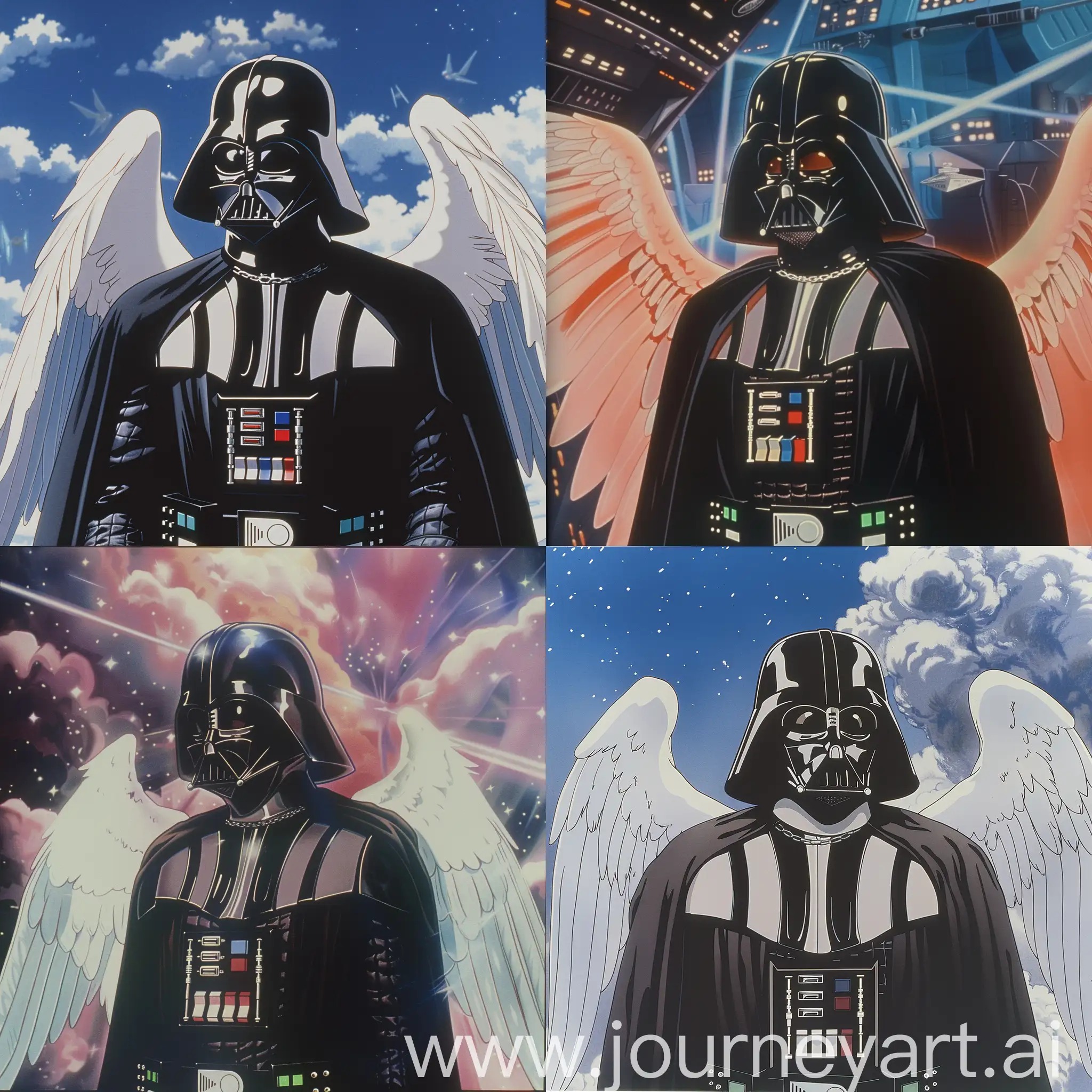 Darth Vader portrait in anime genre film, dvd screenshot from anime film, angel costume and 80s anime film composition