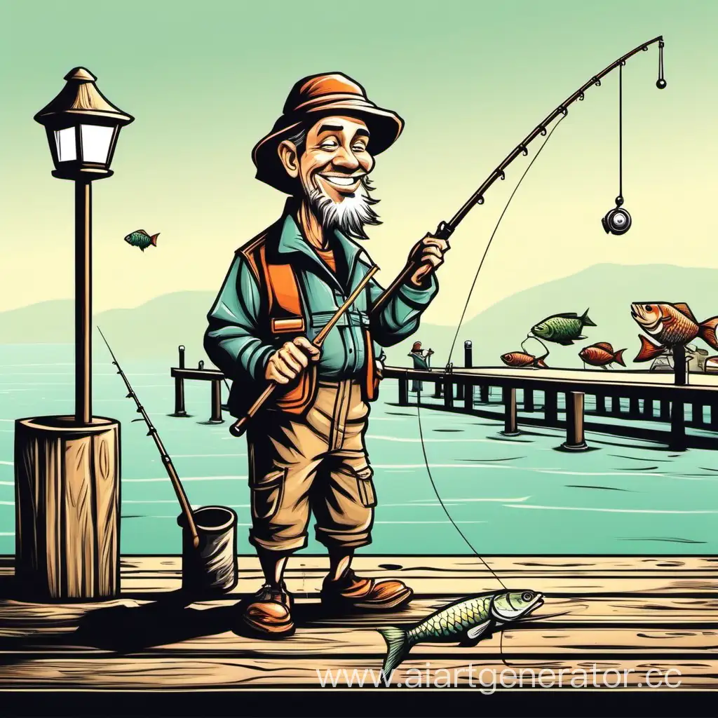 Cheerful-Caricature-Fisherman-Fishing-on-the-Pier