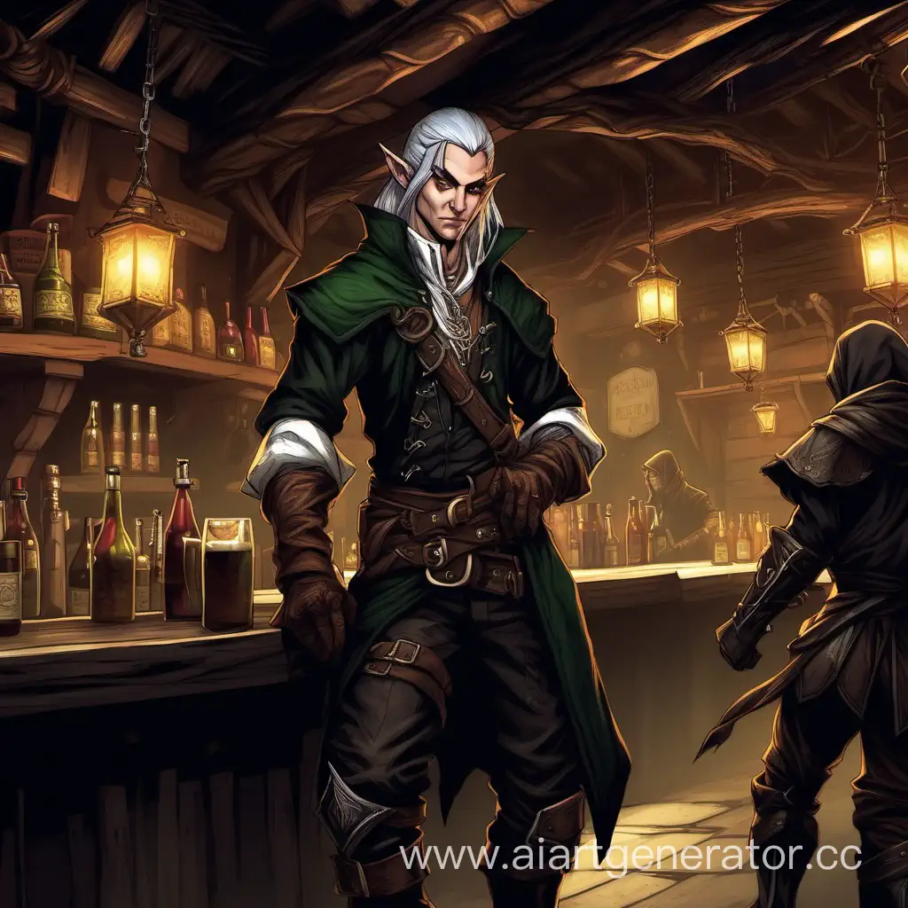 rogue elf in dark clothes  in tavern
