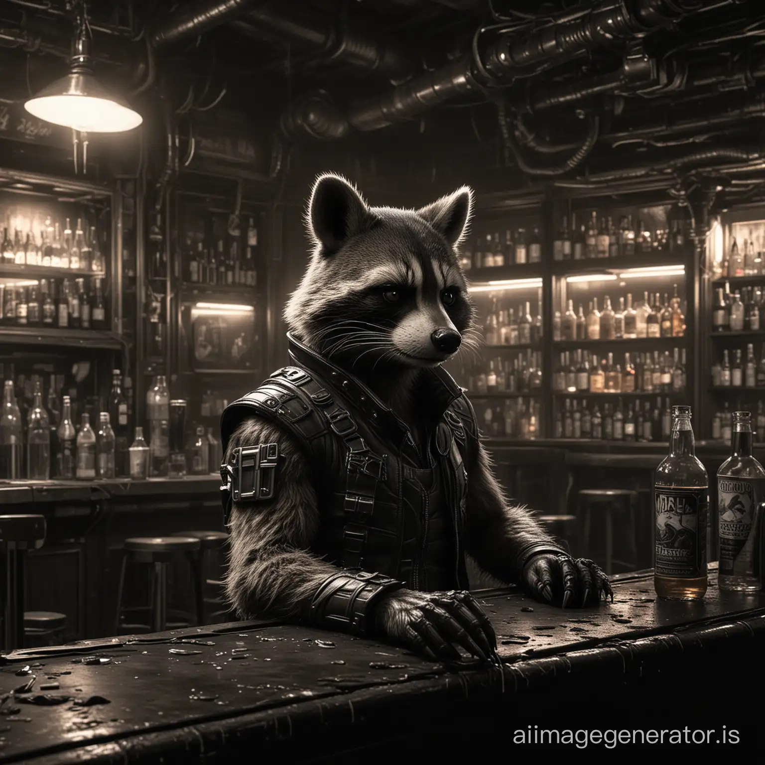 "Rocket Raccoon" noir at the bar in the cyberpunk style,(neon lighting,Giger-style abandoned world location);(epic, epic detail, masterpiece, best quality, photorealistic, ultra-high detail)