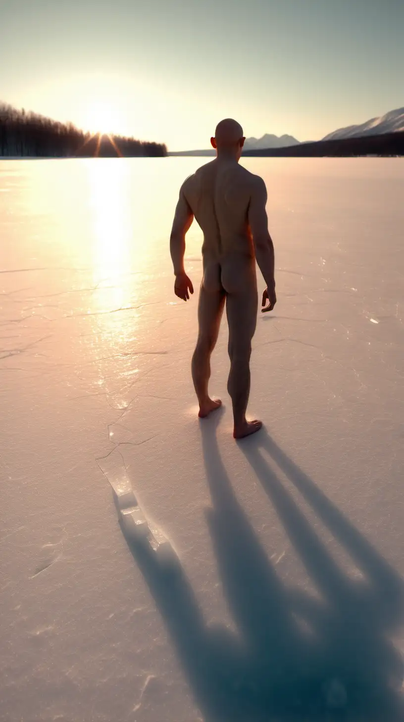 realistic, detailed shadow silhouette of naked bald guy standing on an ice lake. hiking clothes laying next to him,guy turning back to camera, Structured skin, 1080p resolution, high definition, ultra 4K, volumetric light, orange sunset, 20mm, photorealistic