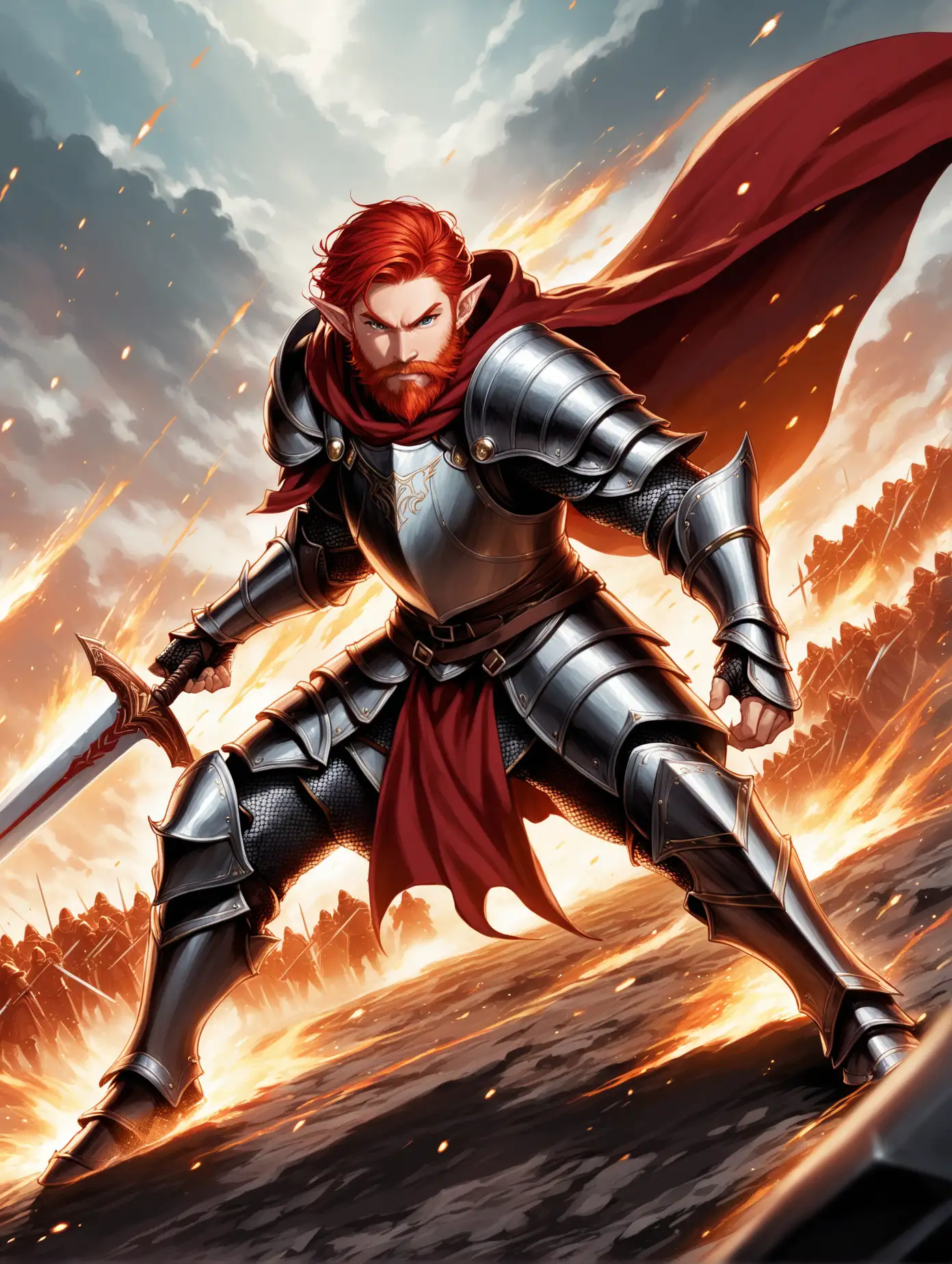 an elf paladin with short red hair and a red beard, wearing black plate armor and a billowing dark red cape, in a fighting stance with a sword and shield, on a battlefield. 