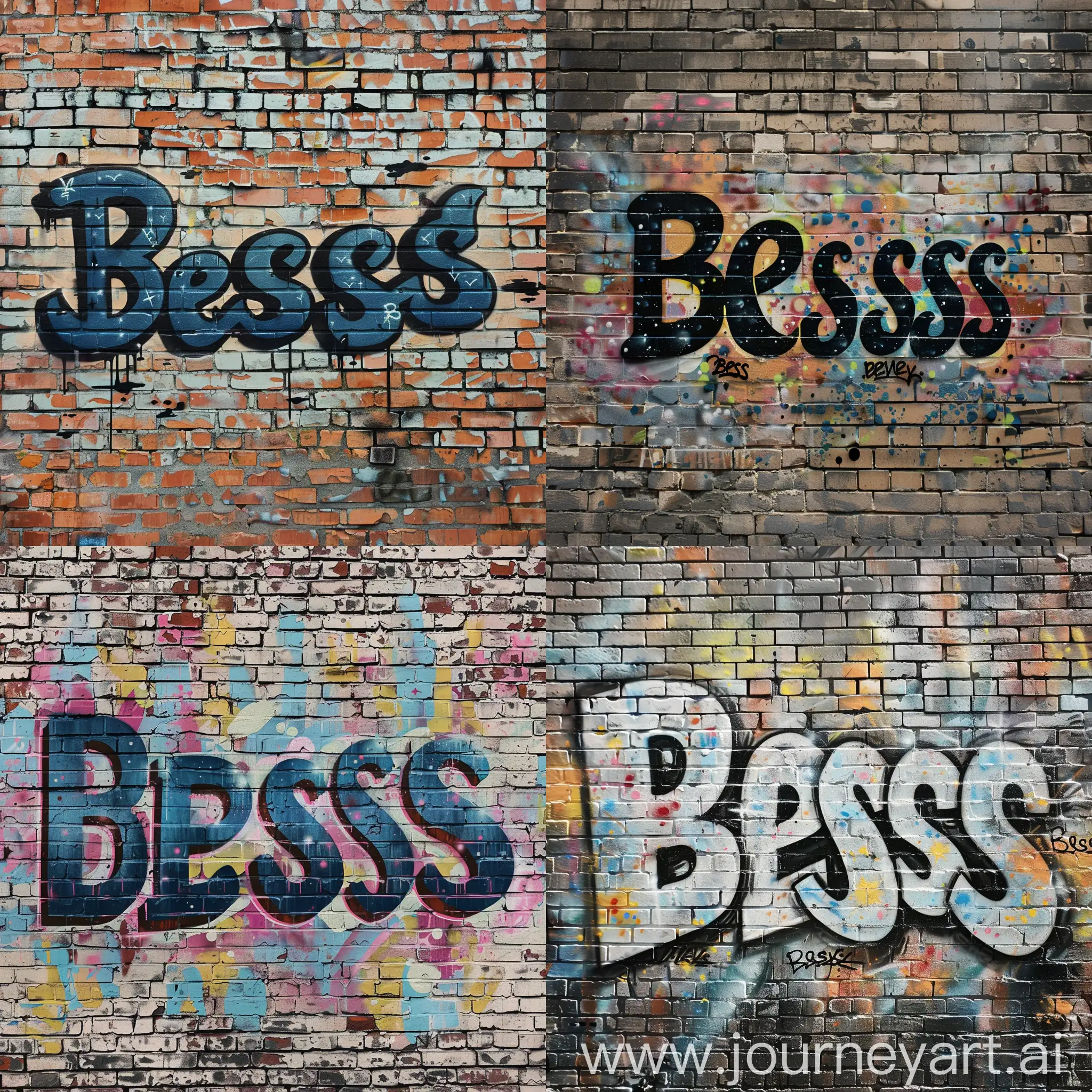 Criar graffiti artístico com a escrita Bless, fundo da parede de tijolo
