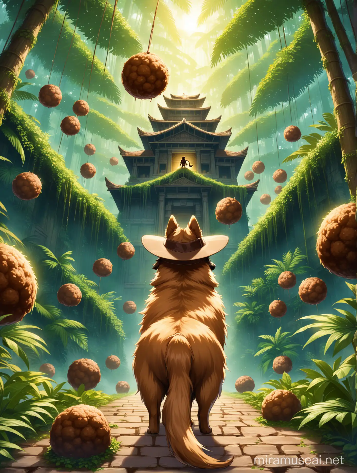 make them temple more dilapidated in a rainforest with a big meatball on the roof, a Belgian Tervuren in a Indiana jones inspired hat has its back to the camera and is looking up at the temple with tail wagging. there is meatballs all over the place. its magic 
