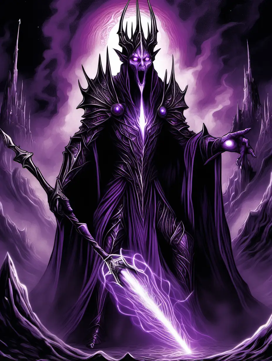 An image of the mouth of sauron holding a magical staff that glows purple , in a detailed fantasy style 