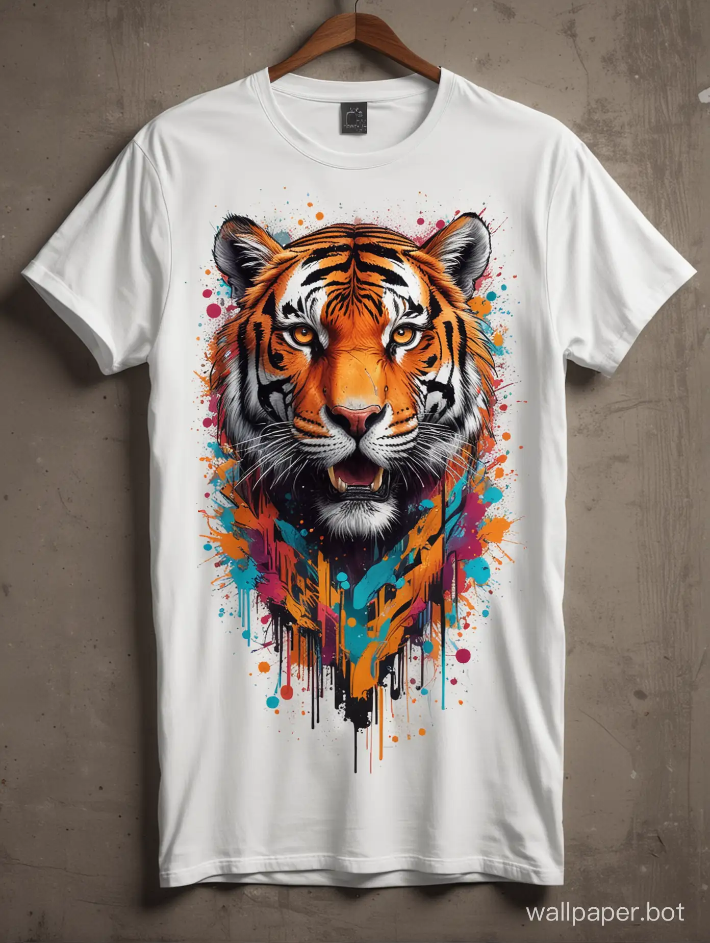 t shirt mockup template, long shirt, street art style, tiger illustration on shirt, lineart, explosive colors