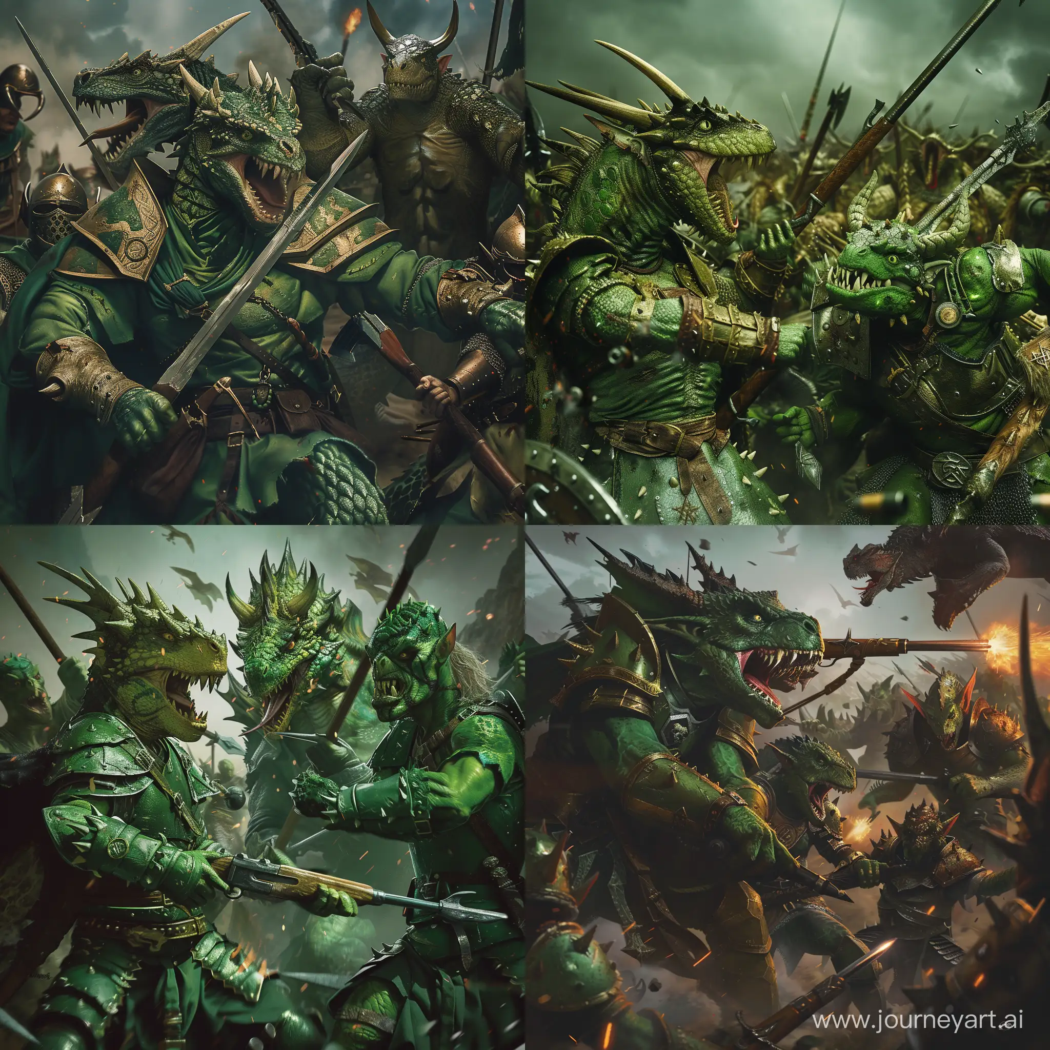 Epic battle beetween green orcs and lizard warriors with dragon head, armed green armor, medieval riffle weapons, realistic, darkenss, the great battle, 4k, full hd