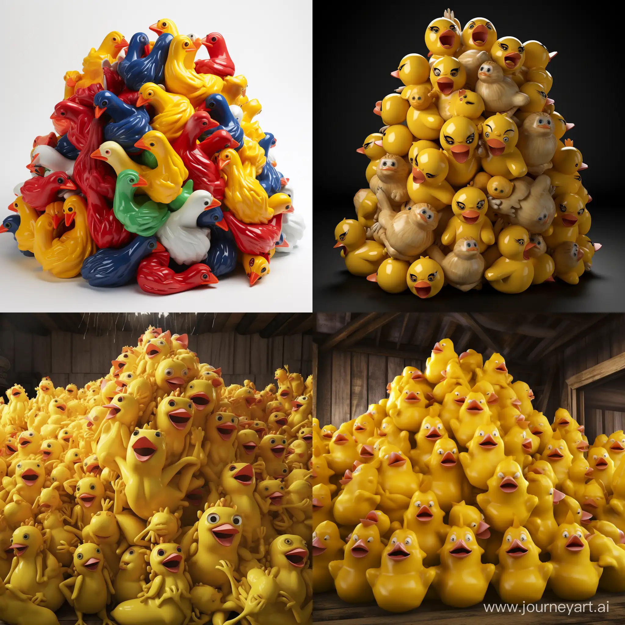 20 toys rubber chickens is an imitation plucked fowl made in a latex injection mold, piled up, 3d rendered, blender render, detailed, ultra high definition