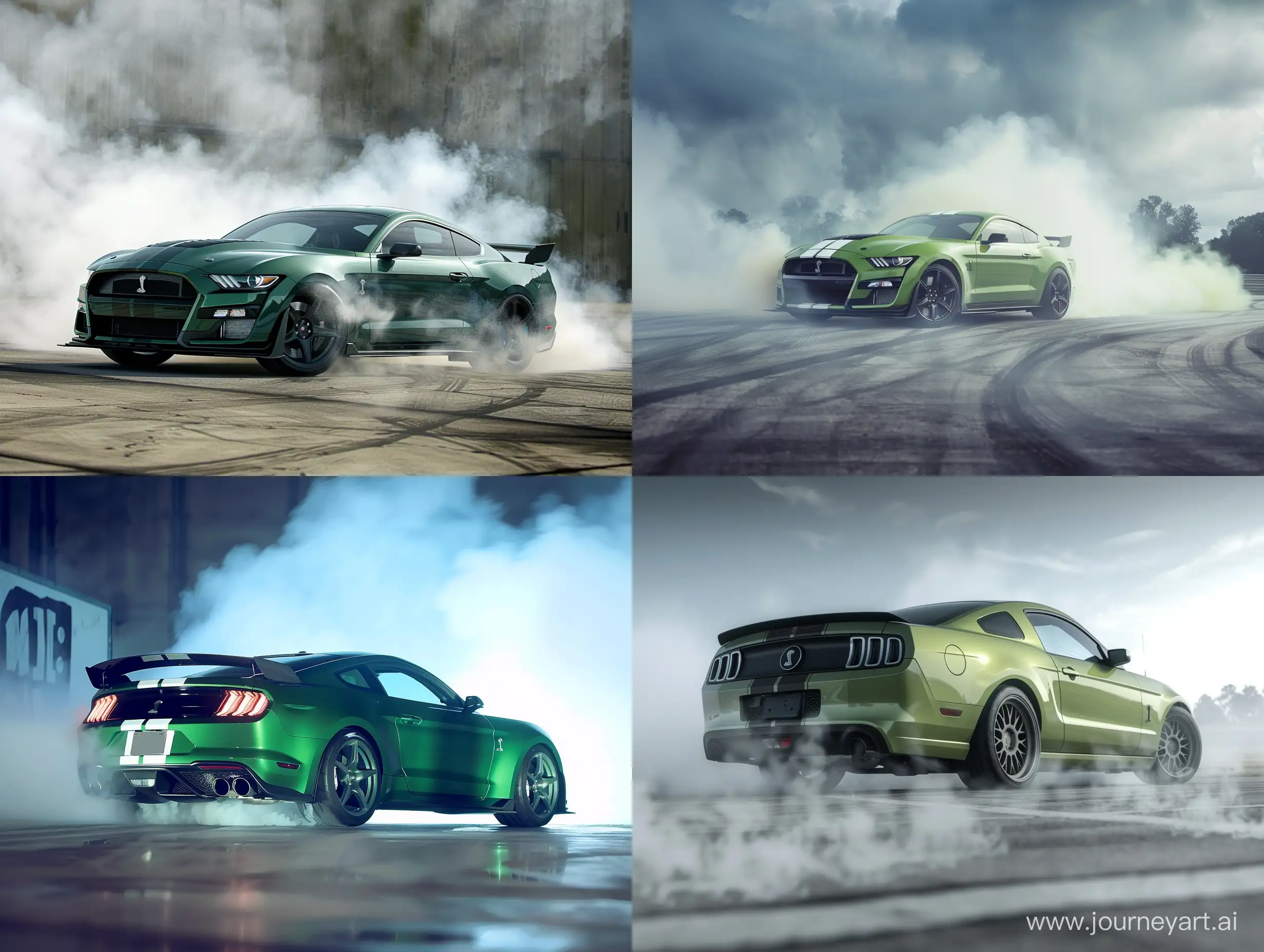 full body VIEW OF green new mustang shelby , HIGH SPEED CAMERA PHOTOGRAPH, action FILM LUT,  SURREAL, green mustang shelby, HIGH RESOLUTION, smoke on tires