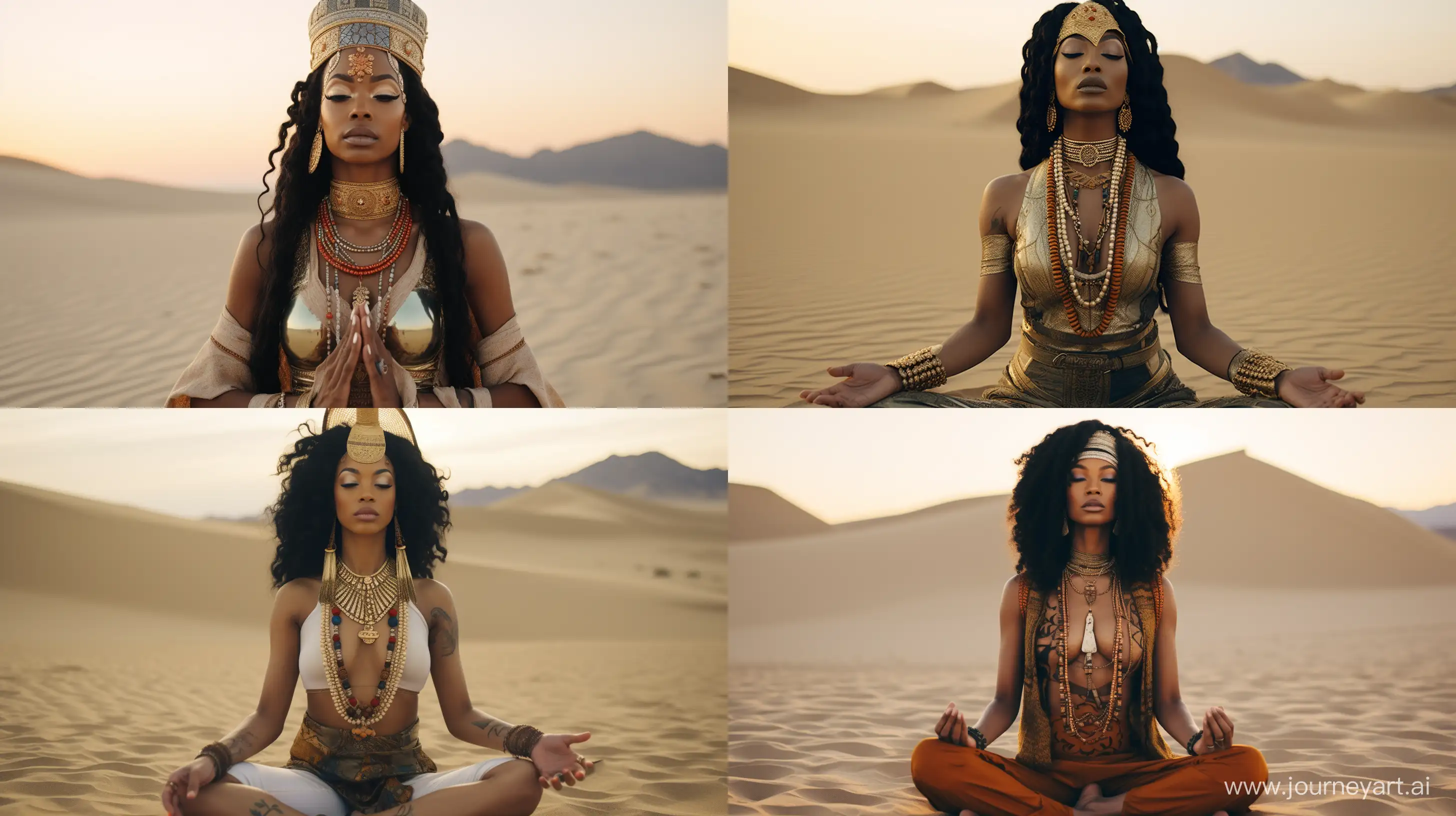 photo, medium shot of nicole brown african woman in korean attire doing meditation in desert on sand,  nicki minaj, meditation posture, nick jay sittin in the desert with her jewelry, jewelerypunk, deep focus,  Hasselblad X1D, realistic skin, egyptian iconography, rap aesthetics, ancient egypt, sandpunk, egyptcore  --ar 16:9 --style raw --q 2