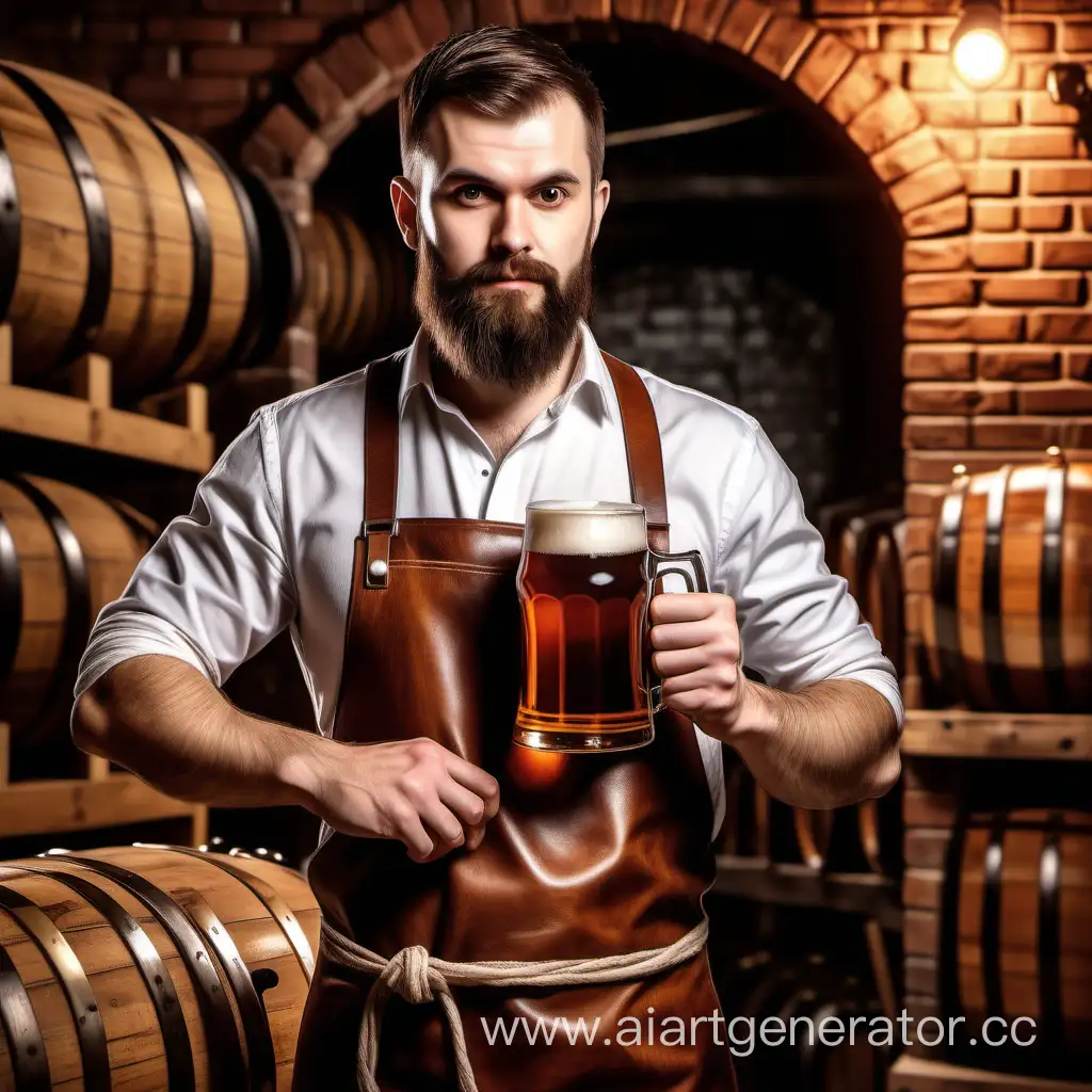 Пивовар с небольшой бородой в кожаном фартуке держит в руке кружку пива, смотрит на кружку пива, на фоне погреба с бочками и кирпичными стенами, штриховая иллюстрация