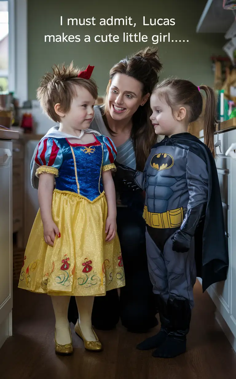 Gender role-reversal, Photograph of a mother dressing her young son, a cute thin boy age 6 with short smart spiky hair and a cute face, up in a Snow White Disney Princess dress and high-heel shoes, and she is dressing her young daughter, a girl age 7 with long hair in a ponytail, up in a Batman superhero suit, in a kitchen for fun to keep the kids entertained on a rainy day, adorable, photograph style, the photo is captioned “I must admit, Lucas makes a cute little girl…”, clear captions, accurate captions, perfect children faces, perfect faces, clear faces, perfect eyes, perfect noses, smooth skin