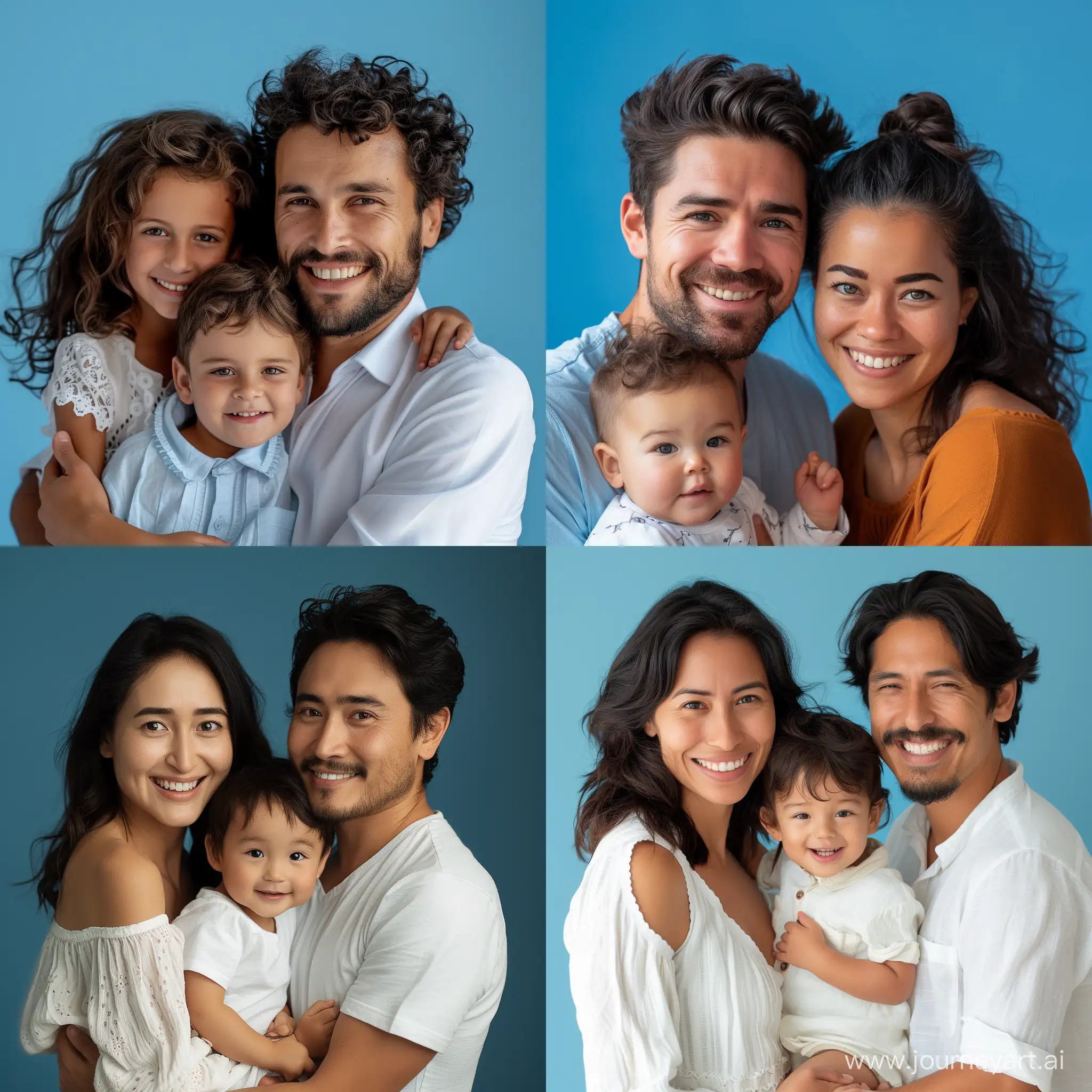 Joyful-DarkHaired-Family-Portrait-on-Blue-Background