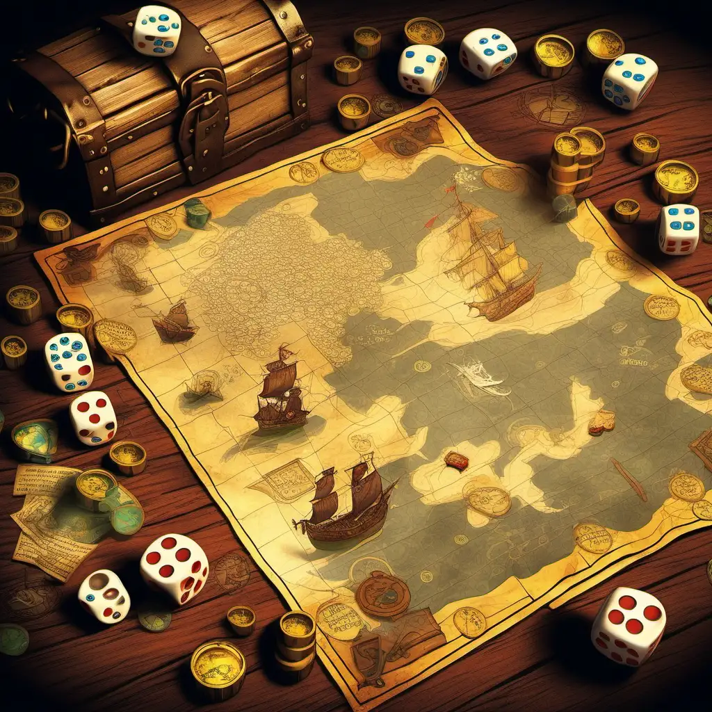 tavern dice game with treasure map of high seas on the table and stacks of doubloons, stylized game art, pair of daggers stuck in middle of table
