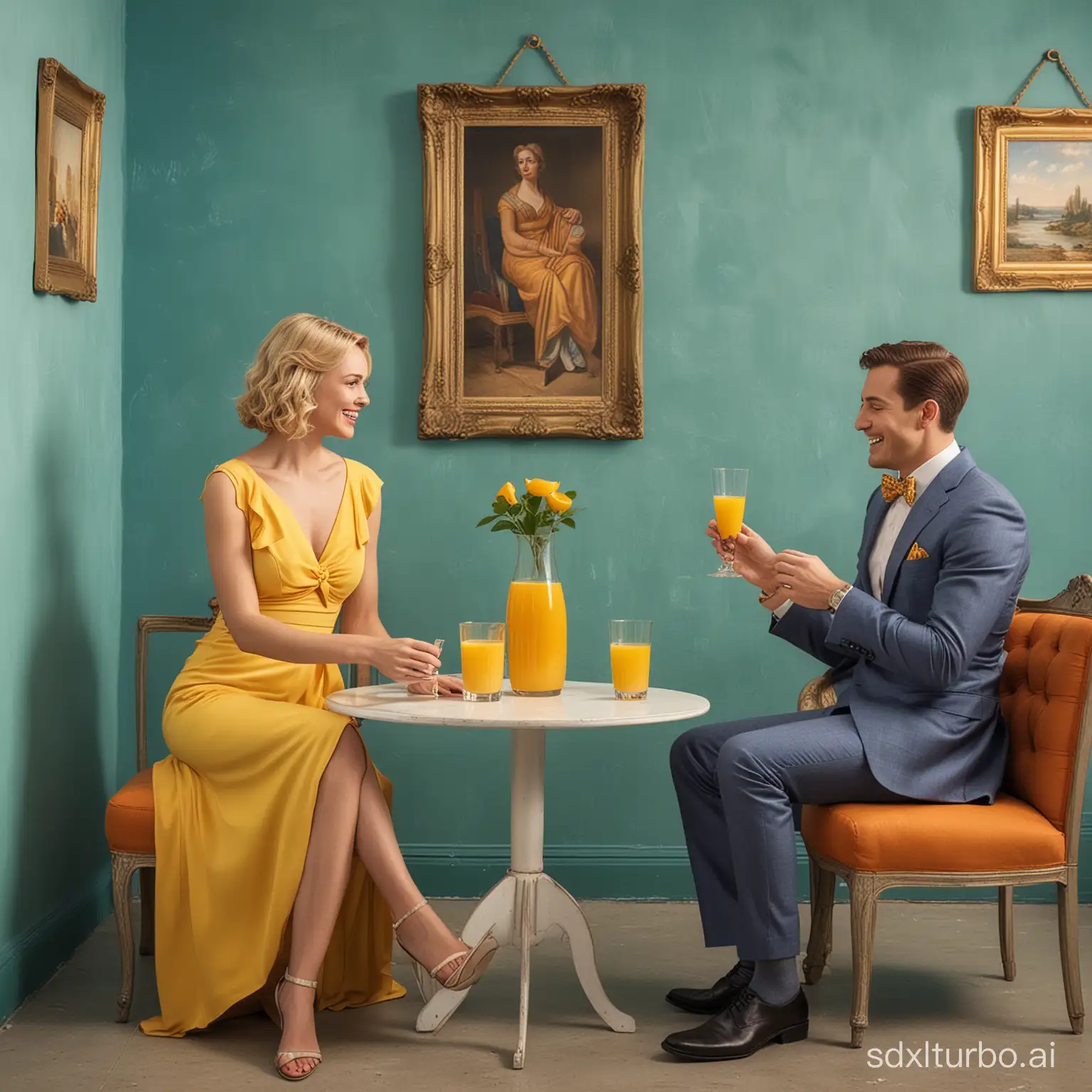 Create a 3D image of a man and a woman sitting on blue chairs with a small table between them. They are in the corner of a room. The man is on the left side of the image and the woman on the right. The man is wearing a blue suit with a bow tie, he has short brown hair and a glass of orange juice in hand. The blonde woman is sitting on the right, she is wearing a long yellow dress and holding a glass of orange juice. They are looking at each other and smiling. In the foreground, there is a glass table with the orange juice carafe. They are in the corner of the room with blue/green walls, and a painting on the left wall. The left wall also has a curtain.