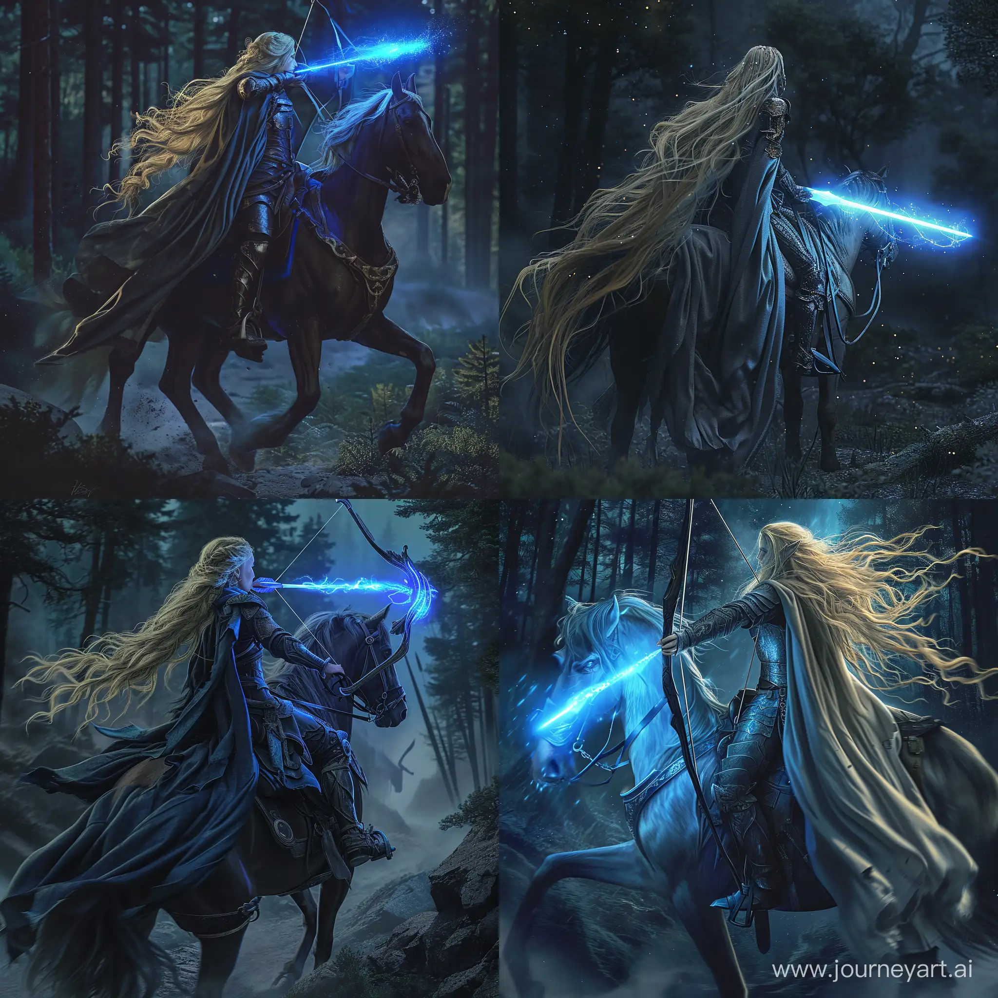 Warrior princess, long blonde hair, riding on horseback at pace, night forest, wielding a glowing blue bow, side view, cloaked, armored, photorealistic
