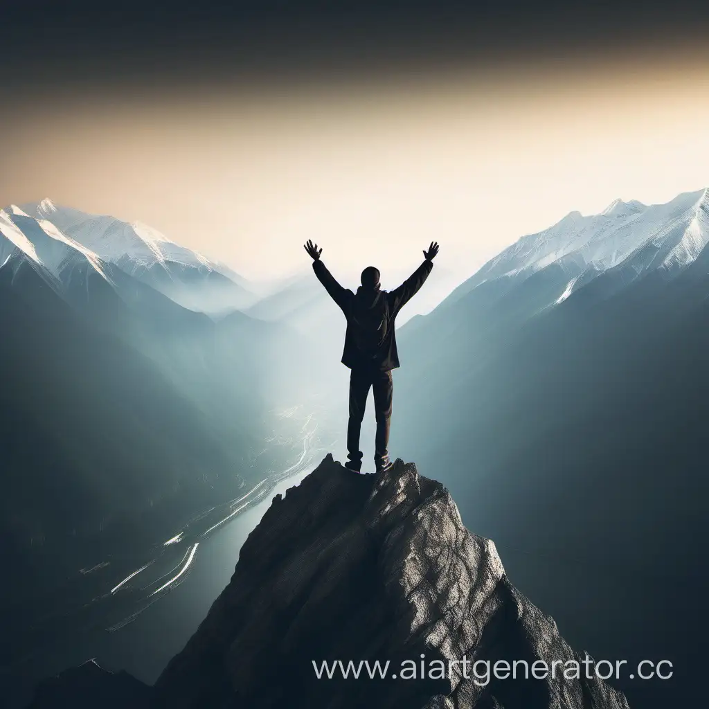 Человек стоит на крою горы, руки подняты вверх, а спереди красивый горный пейзаж символизирующий свободу