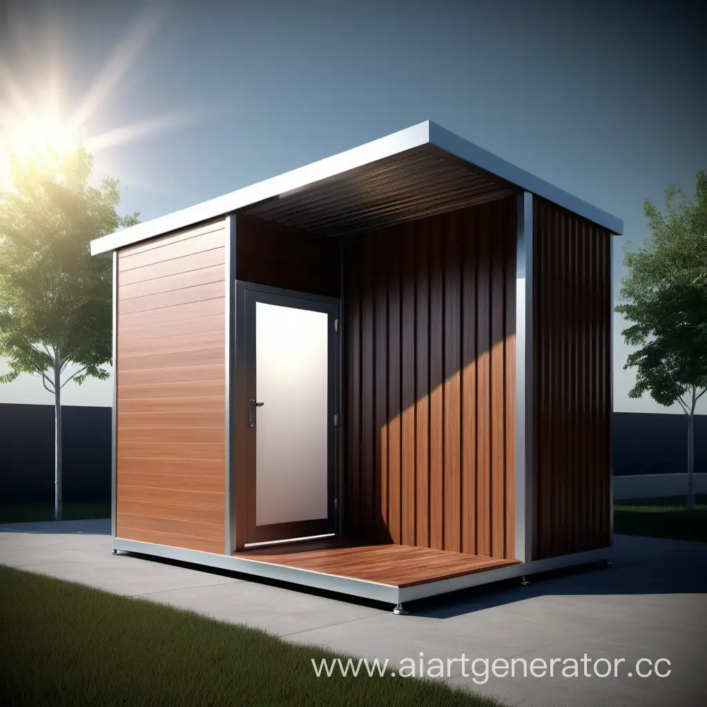 a low one-storey pavilion big toilet module with a width of 6 meters, a small window, a viewing angle of 45 degrees, a view from afar, a metal door and a pavilion made of sandwich panels and exterior finishing with composite material, background city, elements made of wooden slats, full-width photos, super quality, best quality, realistic shadows, realistic light, rtx, 3DMax, CoronaRender, lighting, cloudy sky, backlight, realistic light, time of day morning, door without bends, metal entrance door, door without distortion
