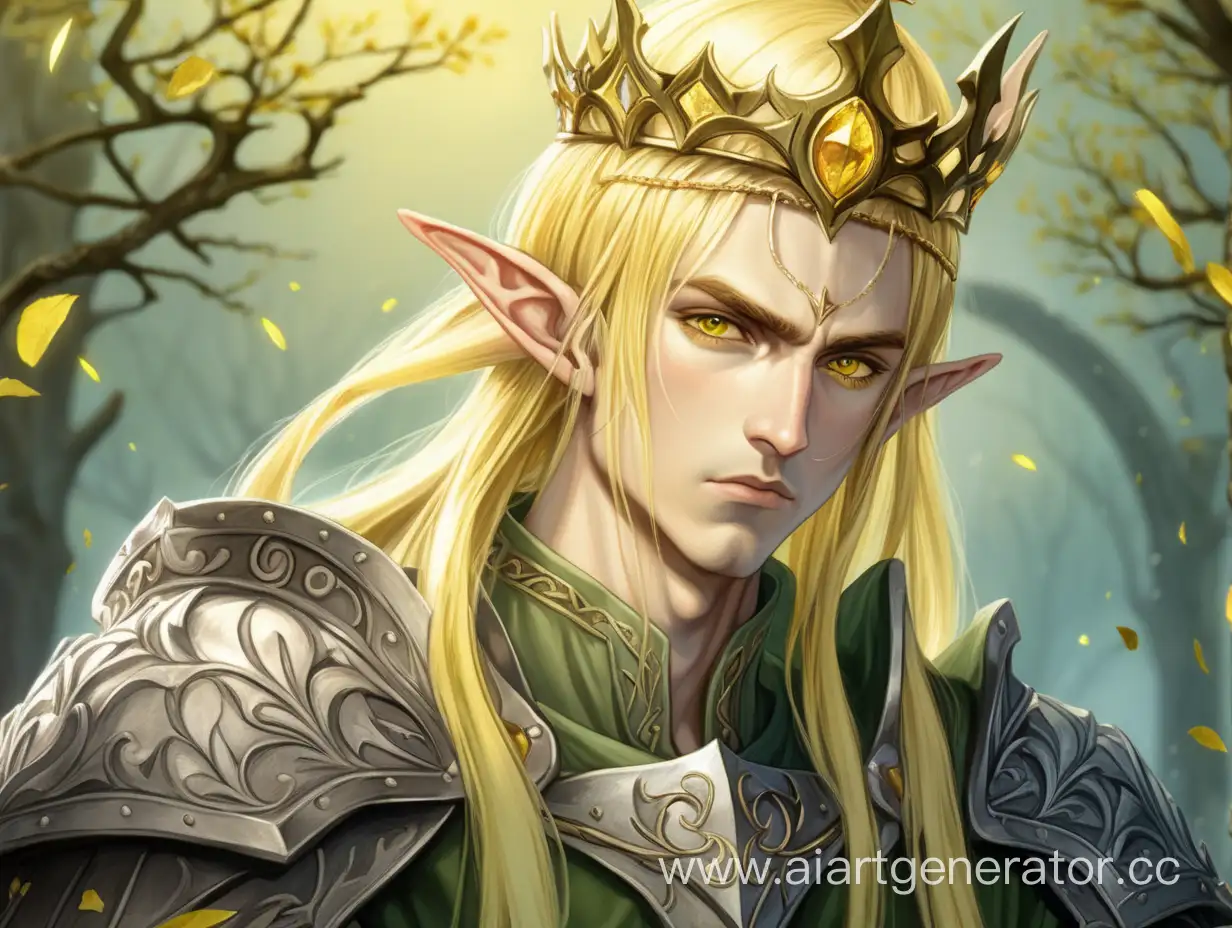 A young medieval elf prince with a golden crown on his head, created from branches, anime style, with a glaive in his hand, cold gaze, light yellow medium-length hair and yellow eyes, indifferent face