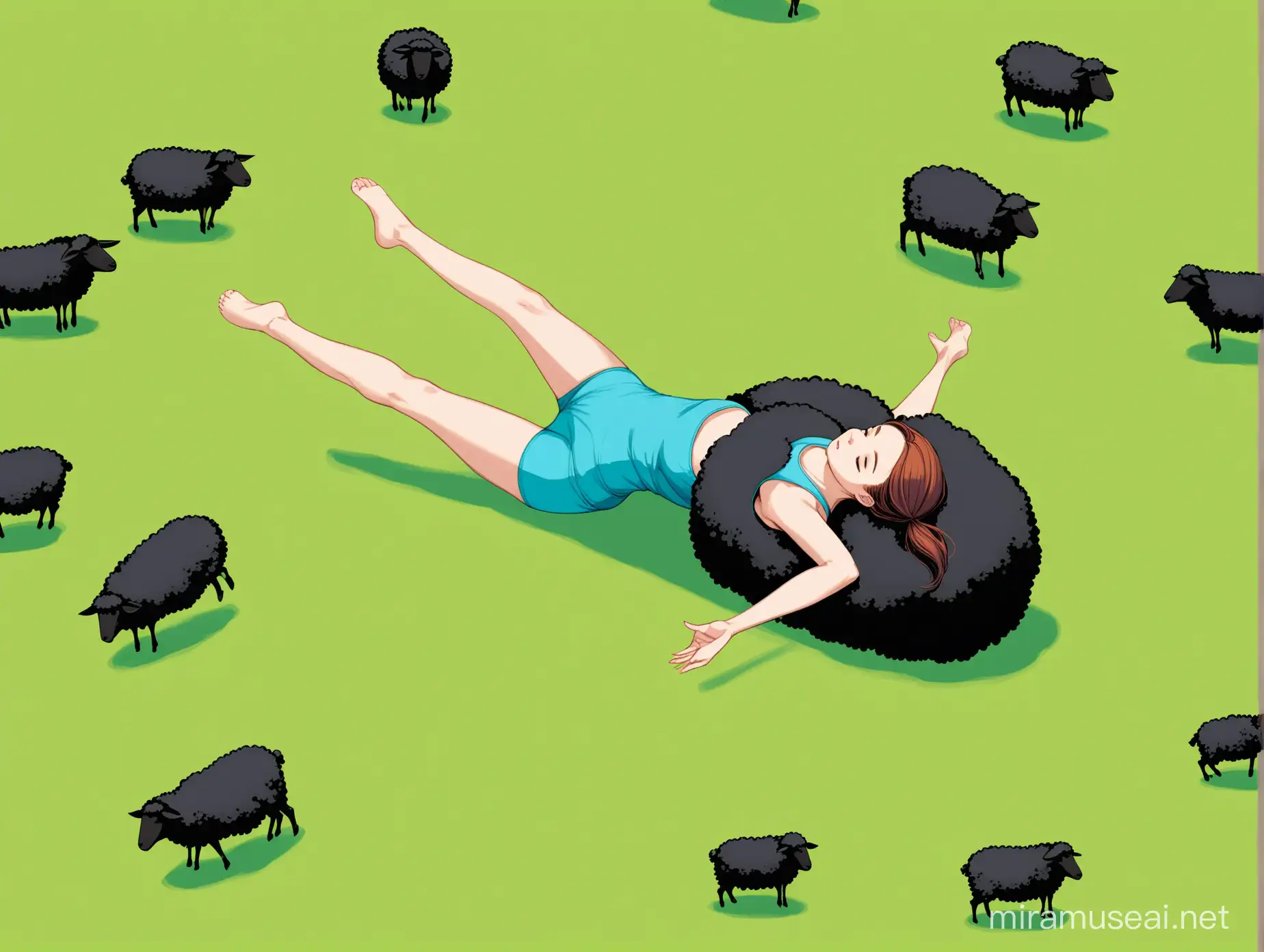 a woman lying on a yoga mat and a herd of black sheep are jumping over her