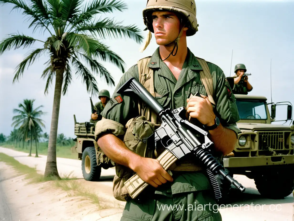 Амереканский солдат в тёмно зелёной форме и с банданой на годове стоит за пальмой. В руках у него м16, военный смотрит как проежают вьетнамские грузовики
