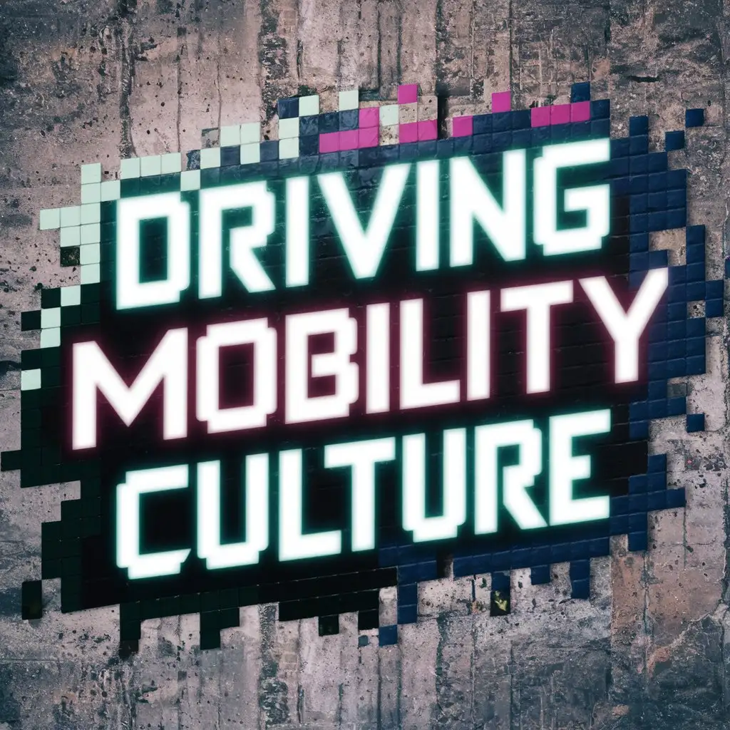 Create a graffiti with the words "driving mobility culture". Use a edgy digital neon pixelarti style with the colors mint, pink, dark green und deep blue. Use as background a concrete wall