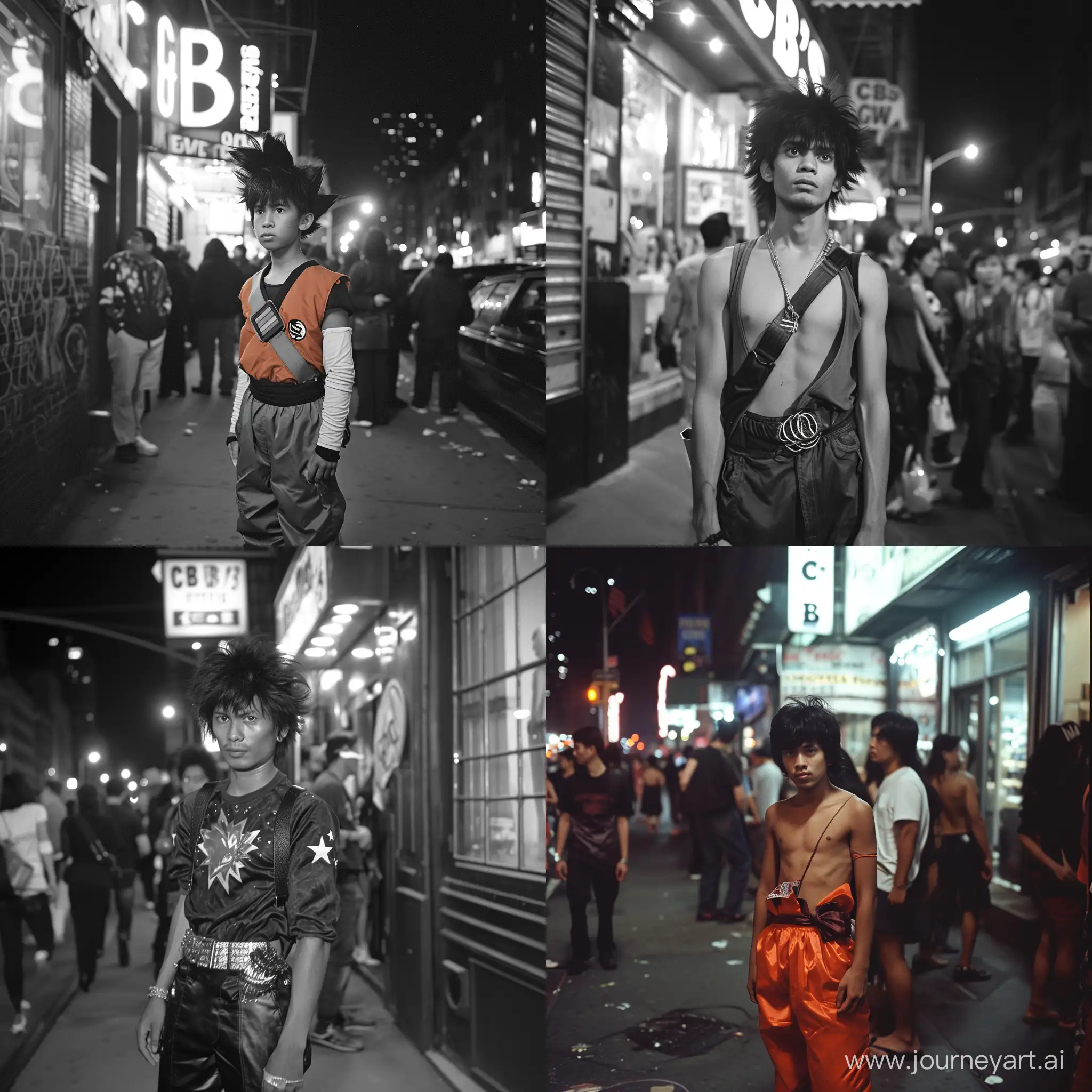 Indonesian guy cosplaying has Goku in 1984 in front of CBGB's, on the crowded New York sidewalk, night time street photography, Indonesian wearing 1980's glam rock fashion clothes, off center photography, movement, New York street photography, out of focus, gritty and real, poorly lit, old grainy, candid photo shot by random pedestrian, 35mm super 8 --v 6.0 --q 2 --style raw