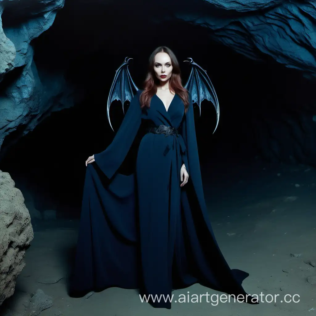 woman ,actress Ksenia Solo in 30 years, succubus in cave , dragon wings , long coat , long dress 