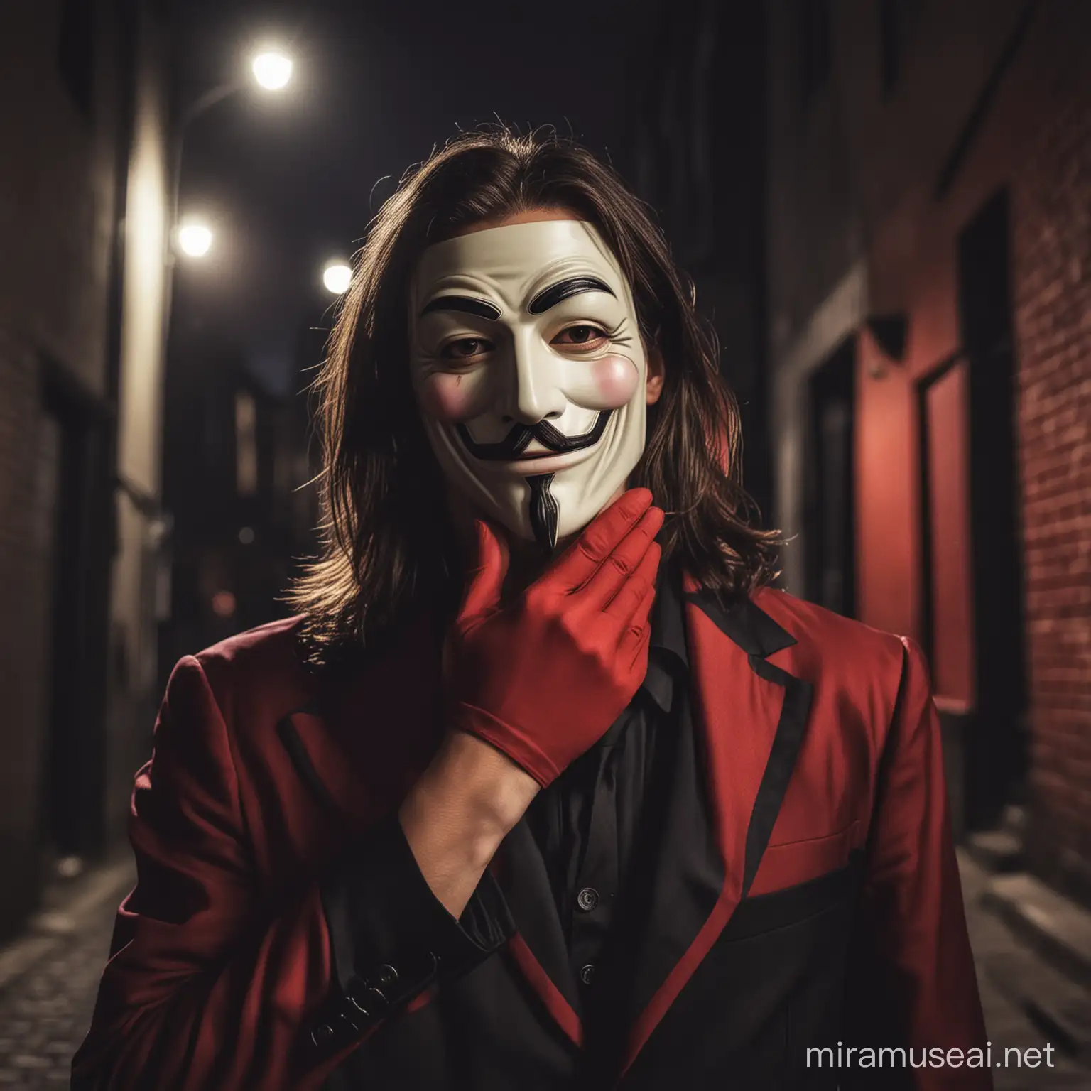 Silent V For Vendetta Inspired Figure in Black and Red Suit on Busy Street