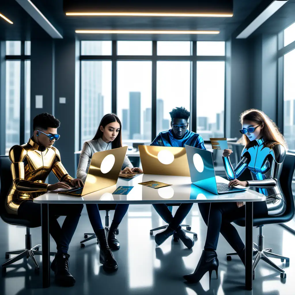 5 students are studying with laptops in a hi-tech office, in the center of the table are 5 gold cards.
Futuristic style, gold, silver and metallic blue shades