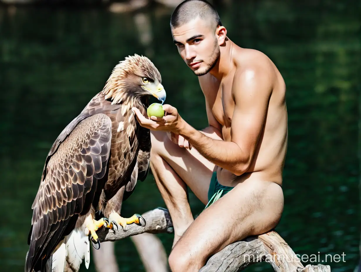 mache daraus ein natürliches realistisches farbig-buntes Bild mit einem echten jungen Mann und einem echten Adler 
