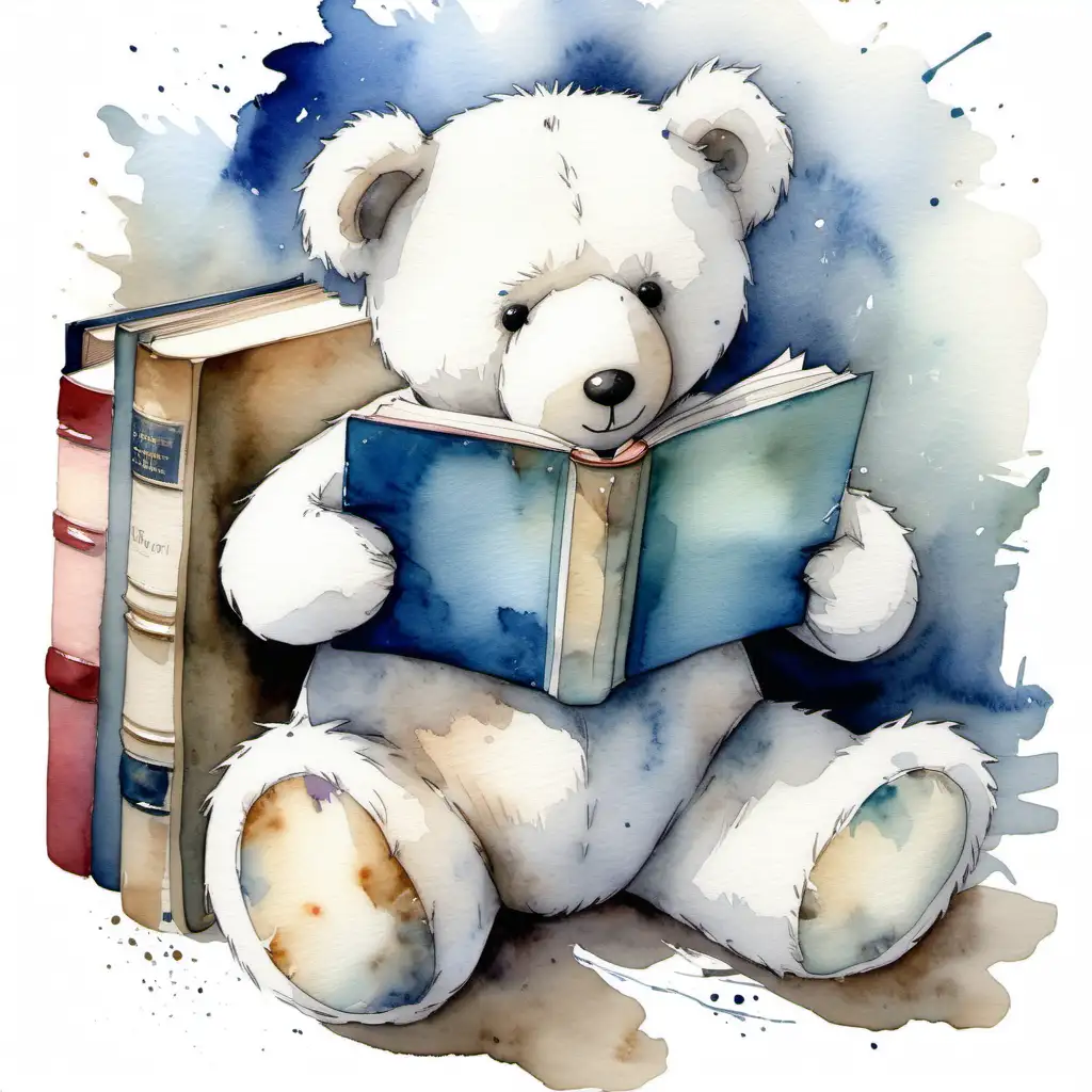 Rustic Watercolor Painting of a White Teddy Bear Reading from a Blue Book