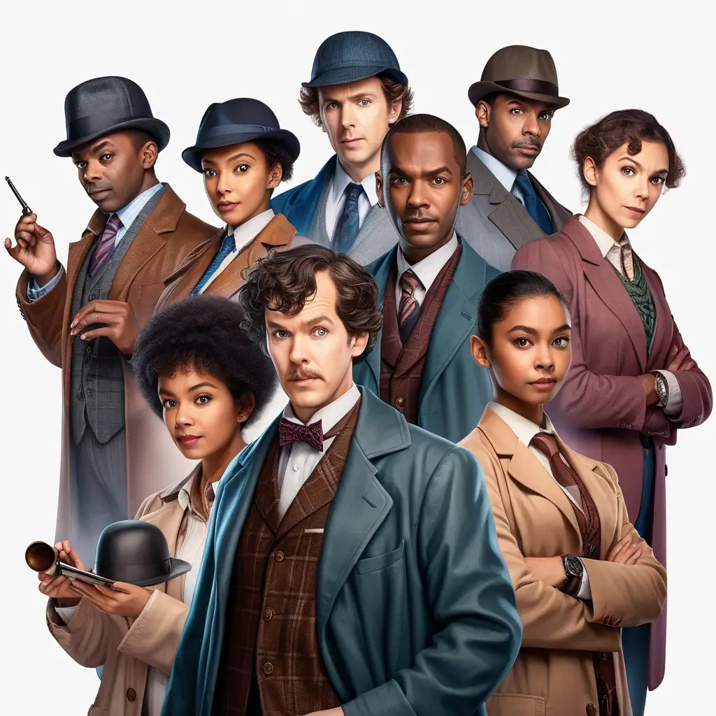 diverse team of sherlock holmes, men and women, different etnicities, solving mystery case