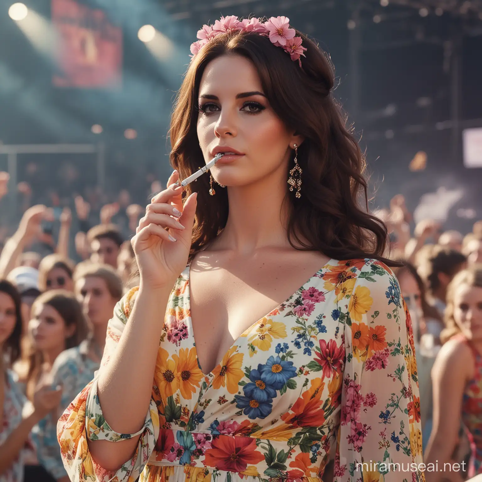 Lana Del Rey on Festival Stage in Colorful Floral Dress with Smokey Eyeliner