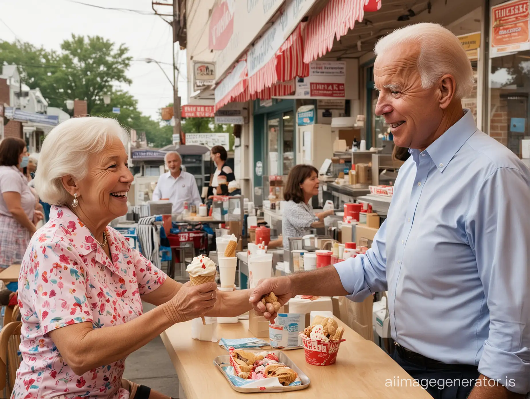 Joe Biden serve in an ice cream store an old woman on the table