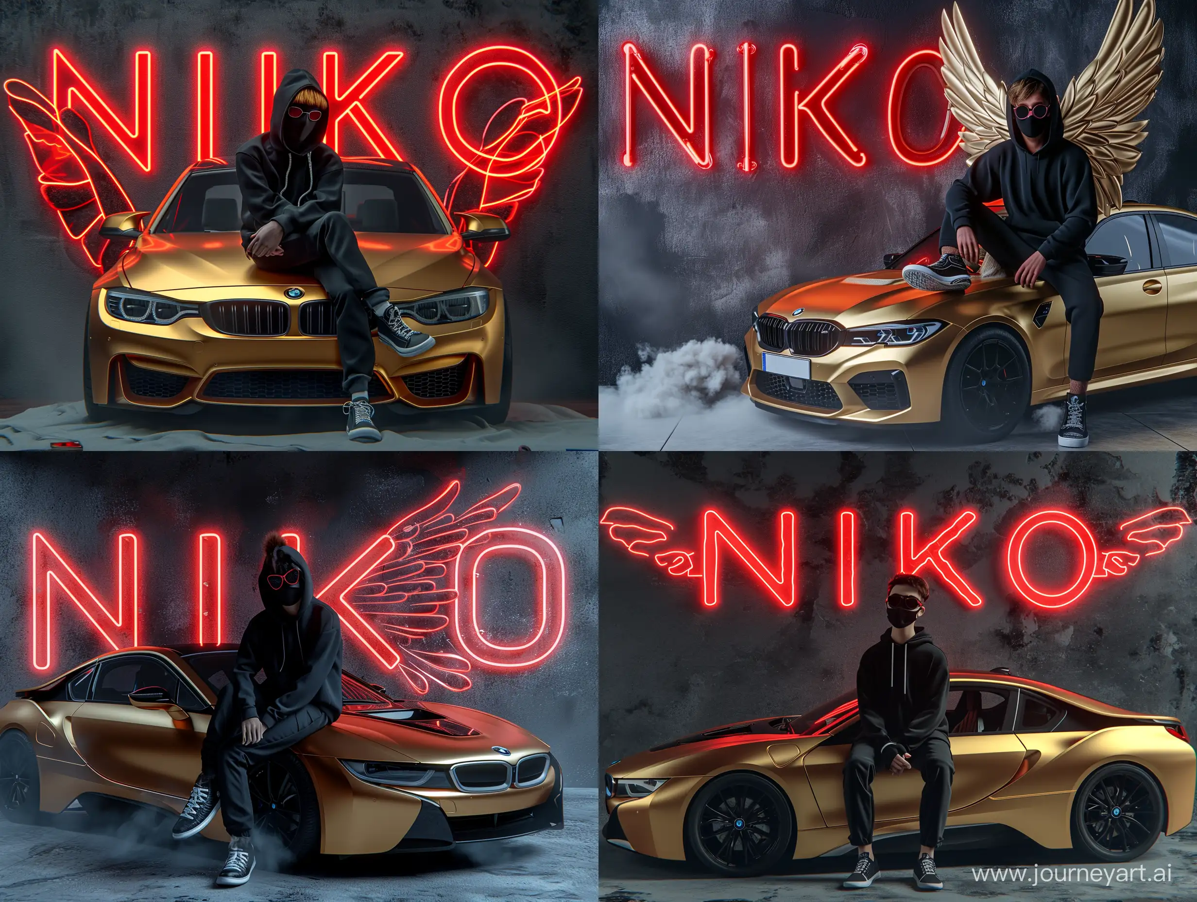 Create a 3D illusion for a profile picture where a 25-Year-old cute boy in a black hoodie Sitting casually on a Golden BMW  car. Wearing sneakers, with black mask, and sunglasses, he looks ahead. The background features "NIKO" in big and capital red neon light fonts on the dark grey wall. and there are wings to make it appear as if he is an angel.