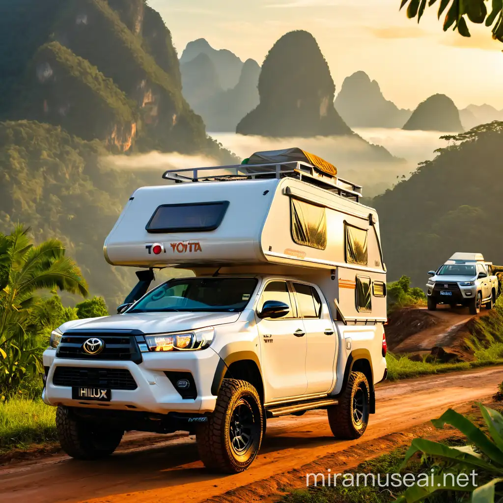adventurous white Toyota Hilux with a motorhome on top in a scenic Thai landscape, complete with the 'Indie Campers' logo