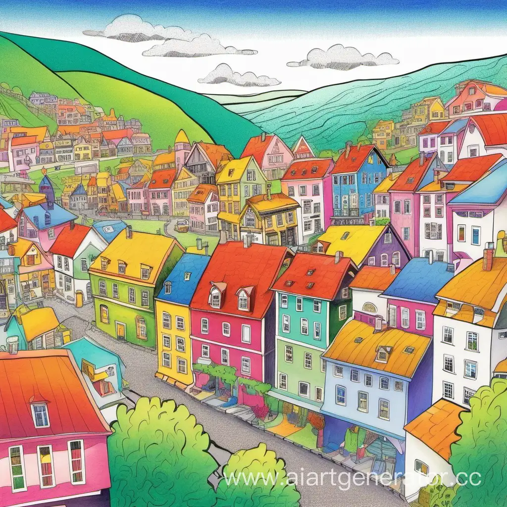 Красочный рисунок городка на живописной местности
