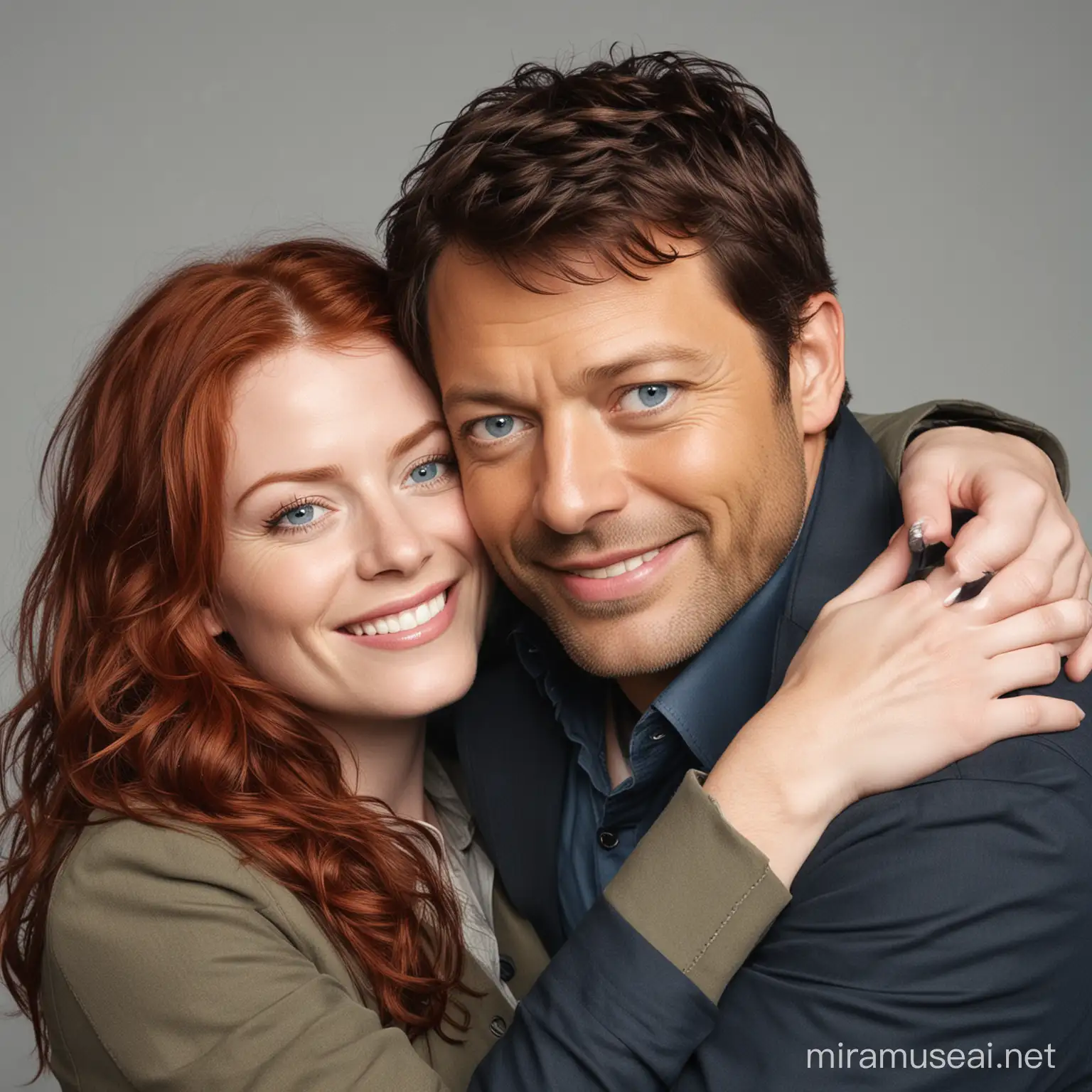 Actor Misha Collins with blue eyes hugs a young woman with wavy red hair. They look happy.