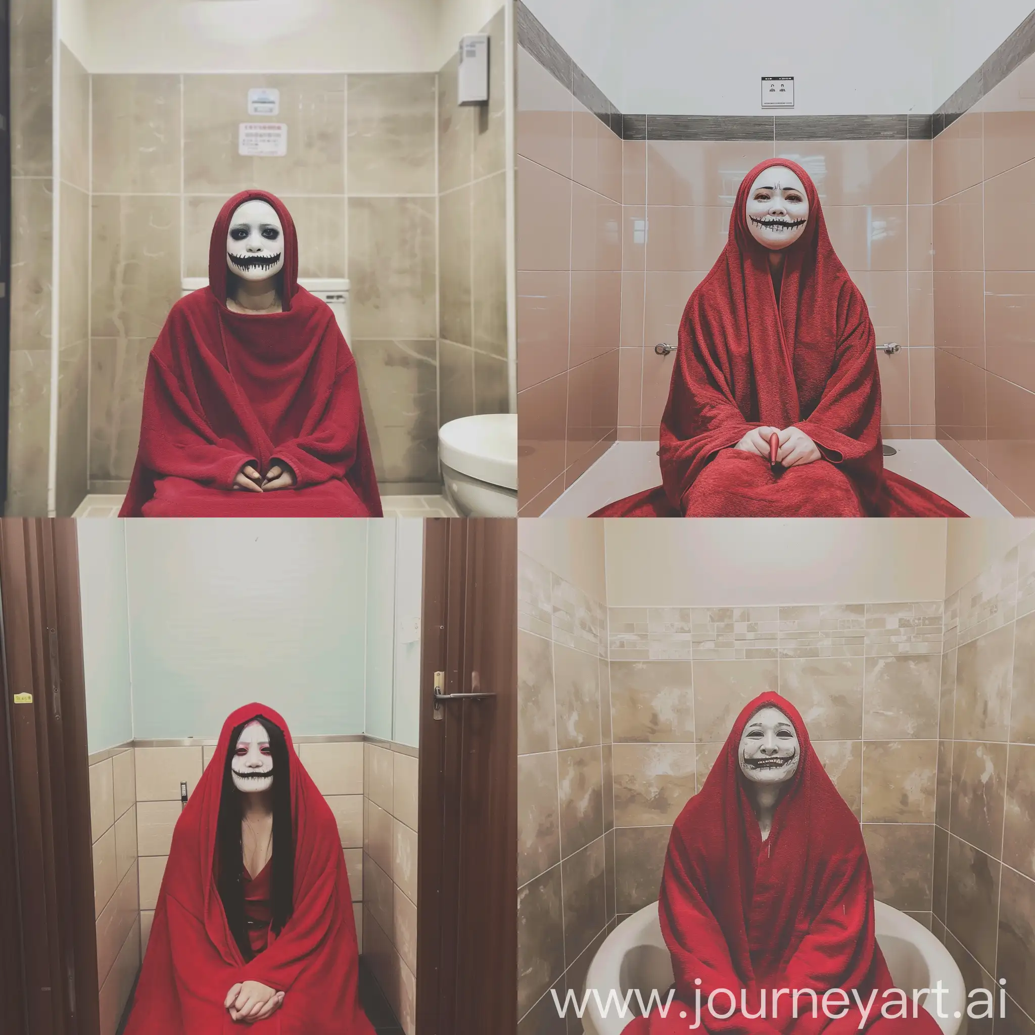 Character from Japanese folklore aka cloak, sitting inside the bathroom covered with a red cloak and her face is white and hairless with black eyes and a background with a macabre smile --sref https://encrypted-tbn0.gstatic.com/images?q=tbn:ANd9GcThVeDBuKIoy9Bgy8t4q3QGtqsahdur38Wz2Q