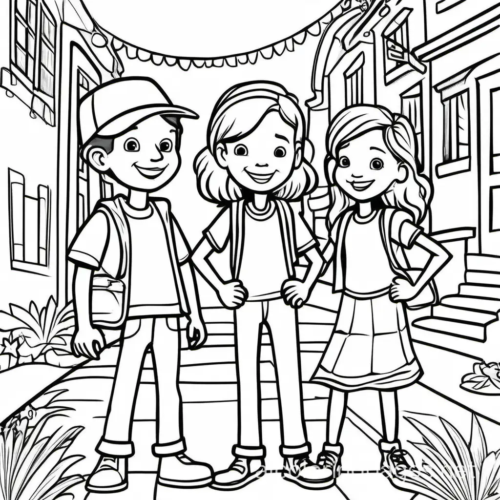 Imagine you're meeting new friends in a Spanish-speaking world. Draw a scene where you and your new friends are saying "¡Hola!" to each other. Be sure to include big smiles on everyone's faces and maybe even some fun Spanish words or phrases in the background, like "¡Hola!" or "Amigos" (friends)., Coloring Page, black and white, line art, white background, Simplicity, Ample White Space. The background of the coloring page is plain white to make it easy for young children to color within the lines. The outlines of all the subjects are easy to distinguish, making it simple for kids to color without too much difficulty