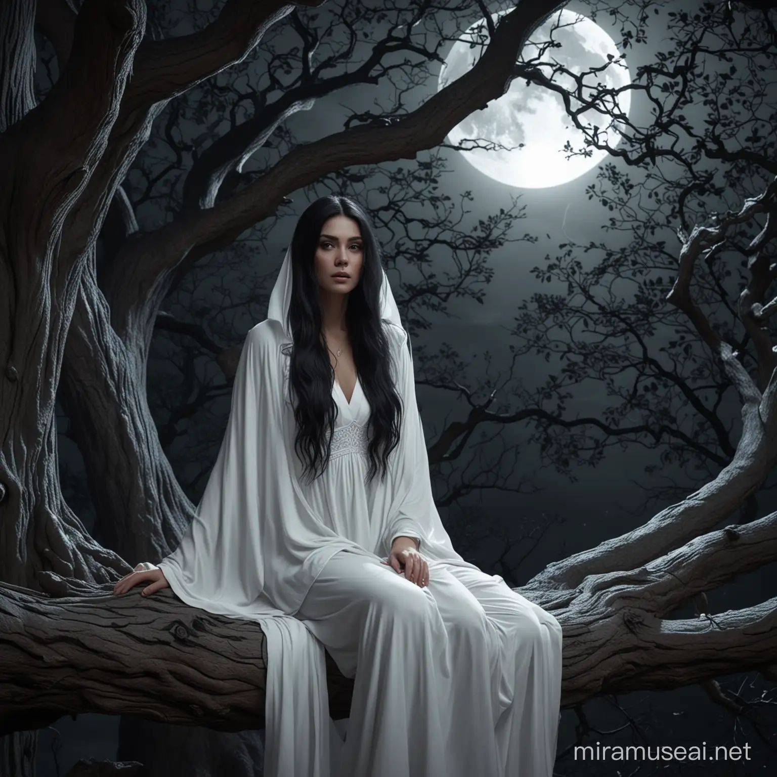 a black long hair Goddess of the dark, wearing a long flowing white kaftan, sitting at the high big haunted tree branch, scary, dark night with full moon, looking at the camera, long distance view, photorealistic, highly detailed