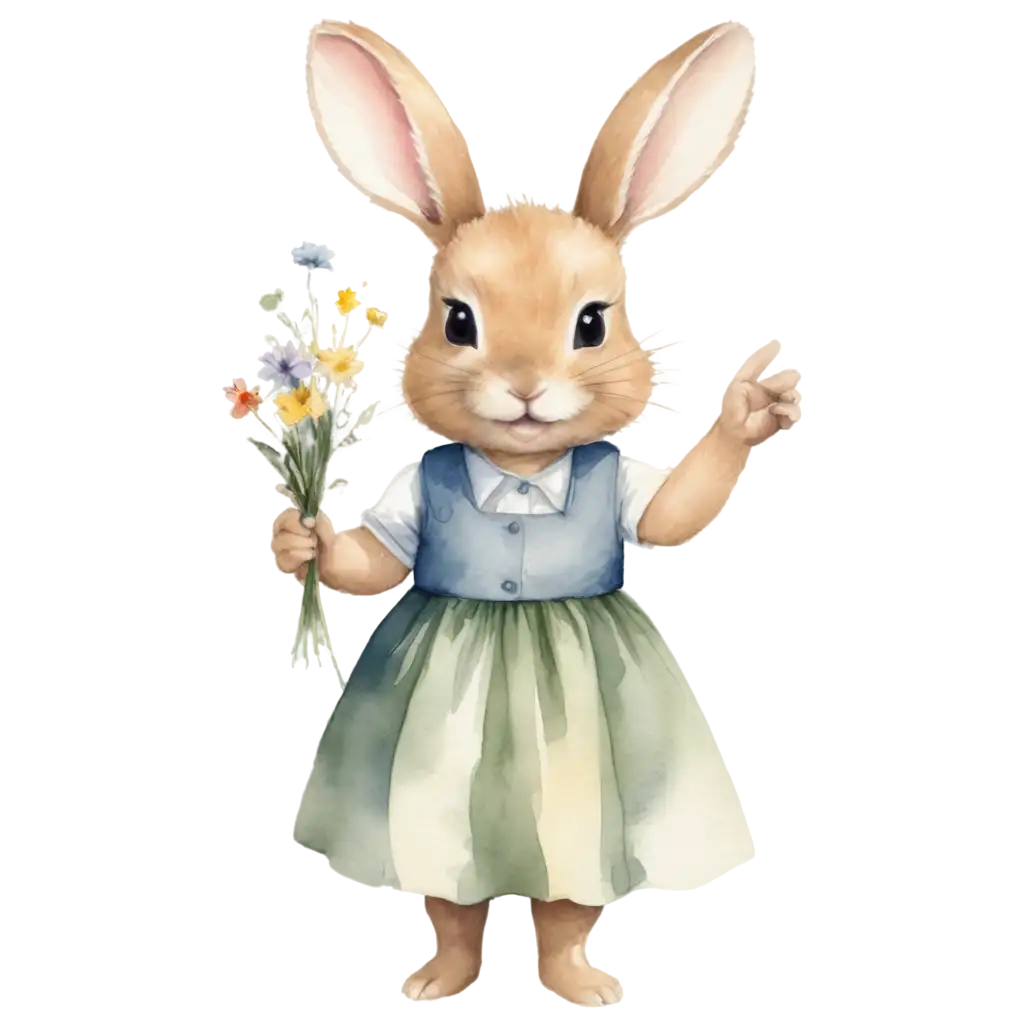 watercolor drawing of a baby rabbit in a dress holding flowers in his hands standing on the grass