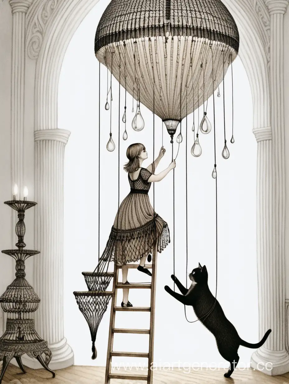 Elegant-Woman-Cleaning-Droplet-Chandelier-in-Macrame-Dress-with-Edward-Gorey-Style-Cat