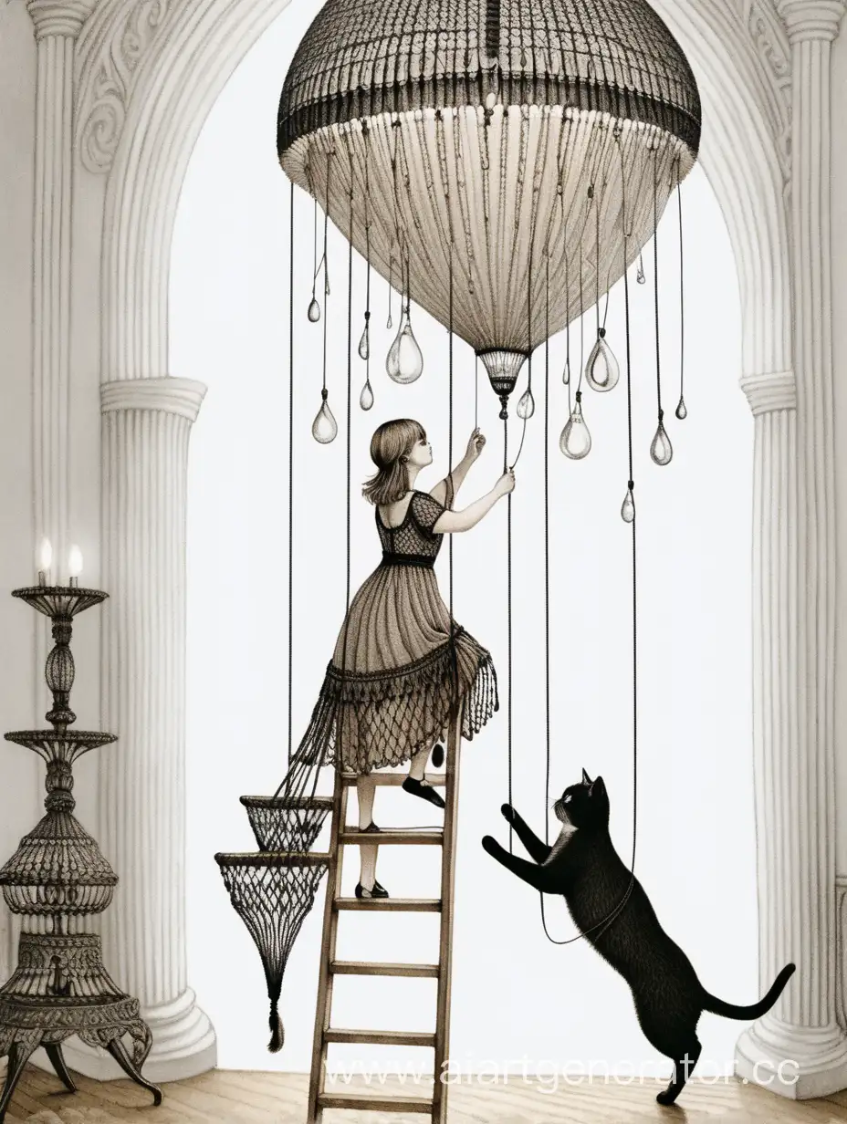 Donna su scala pieghevole,  pulisce grande lampadario a gocce. Abito Macrame. Gatto Stile Edward gorey. Sfondo chiaro