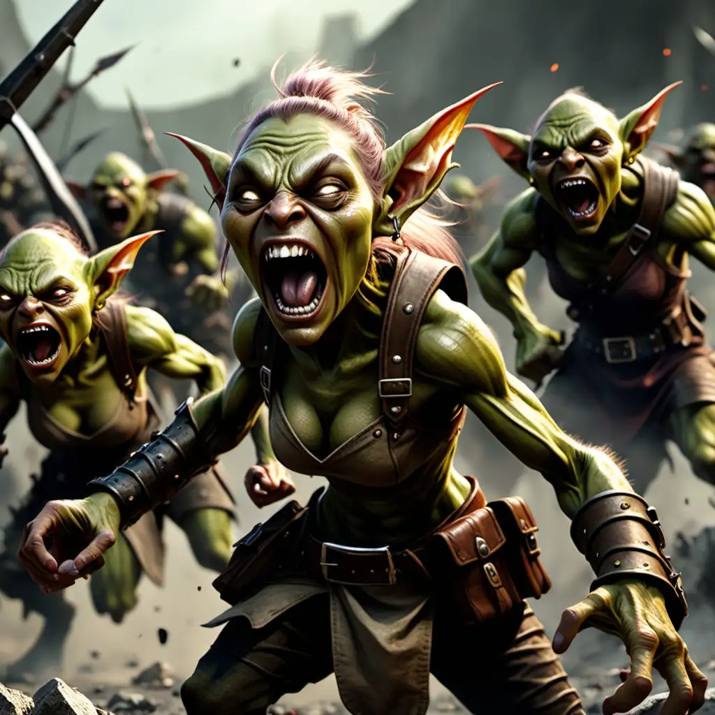 female goblin screaming to buff allies in a battlefield
