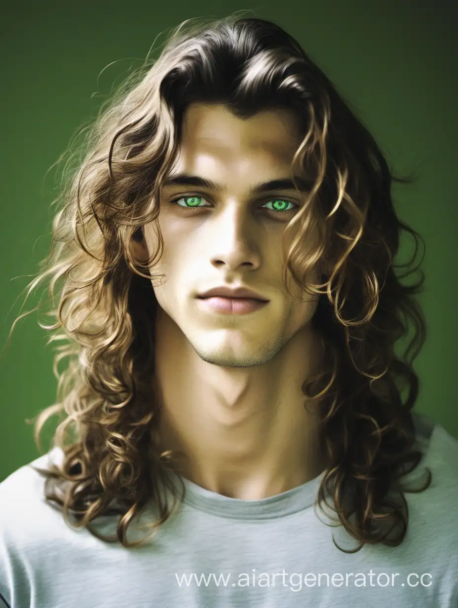 Молодой парень с длинными волнистыми волосами и зелеными глазами