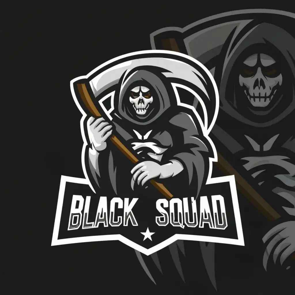 a logo design,with the text 'Black Squad', main symbol:reaper with football, play football ,clear background