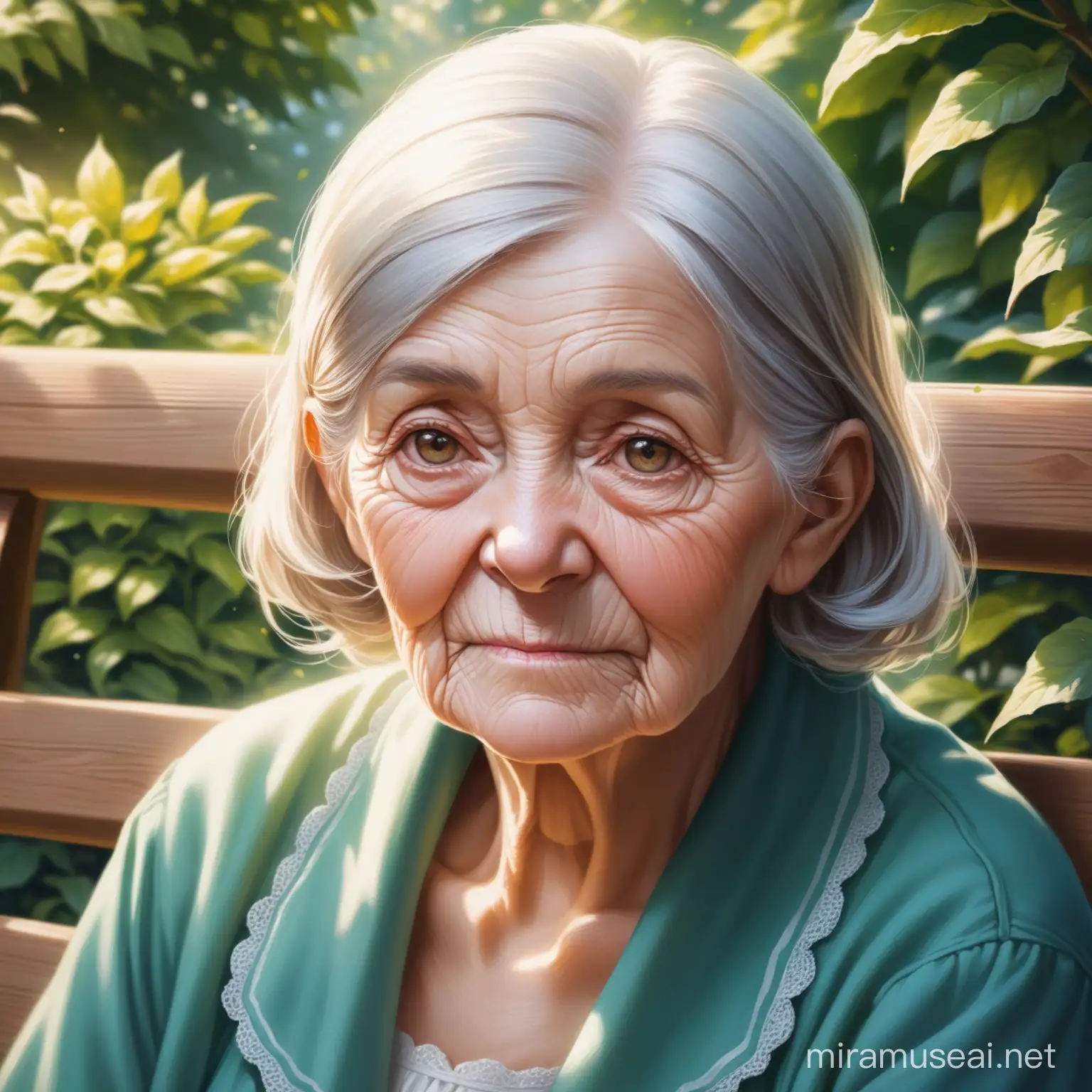 portrait of an old woman, sitting on a bench, in a garden. medium close-up, character portrait, high details, realistic