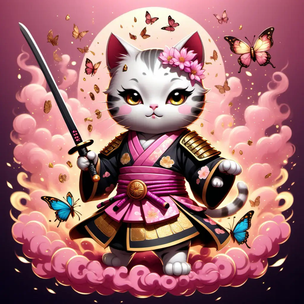 a cute kitty in cartoon style with Samurai dress surrounded by pink and gold smoke, flowers and butterflies